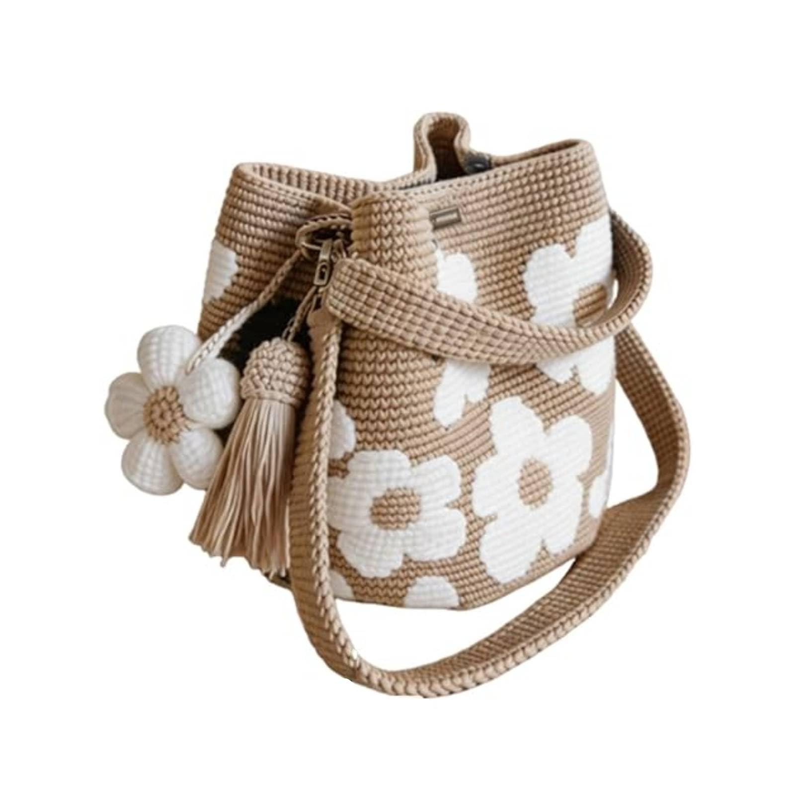 Handmade Crochet Flower Tote Mesh Knit Shoulder Bag with Flower and Tassel Charm Large Capacity Summer Travel Bag