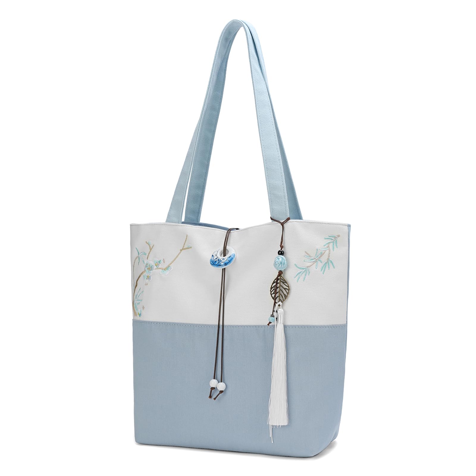 Elegant Vintage Silk Pattern Shoulder Tote Bag with Pendant and Tassels