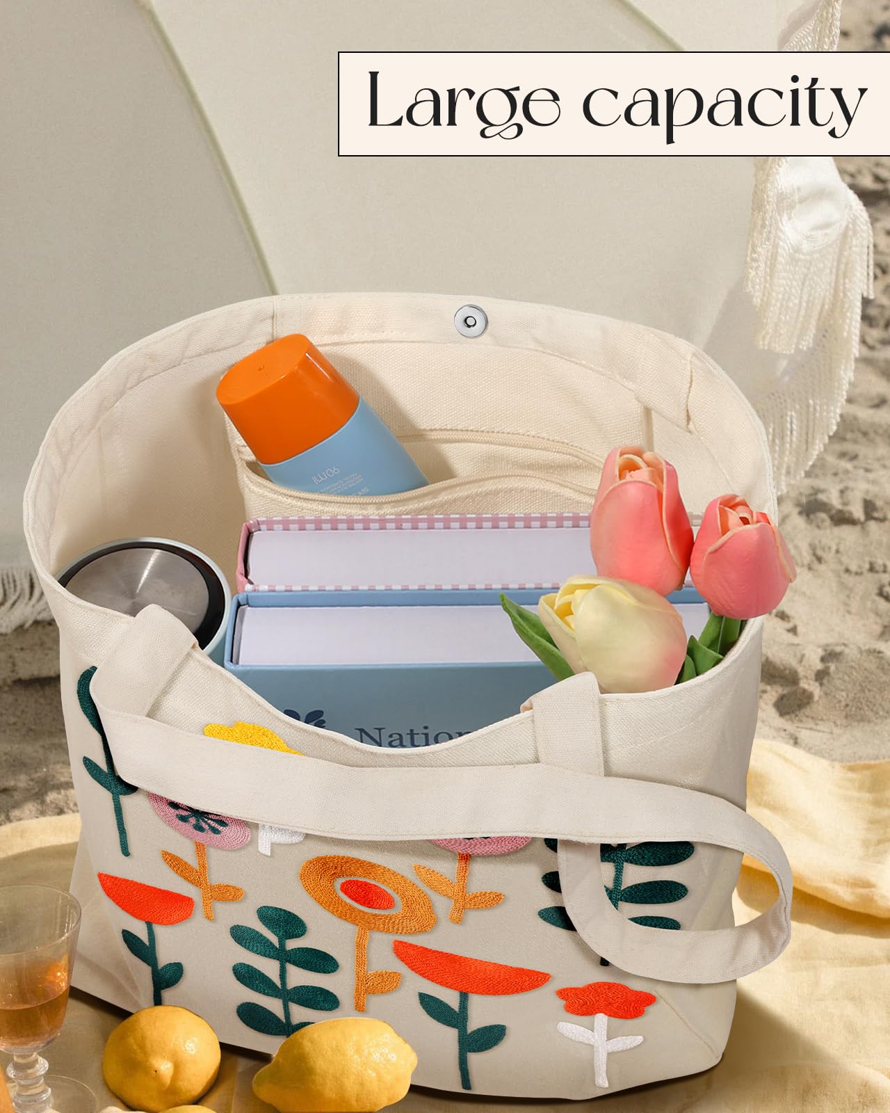 Embroidery Canvas Tote Bag for Women Reusable Shoulder Bag with Pocket and Buckle Cute Aesthetic Grocery Bag