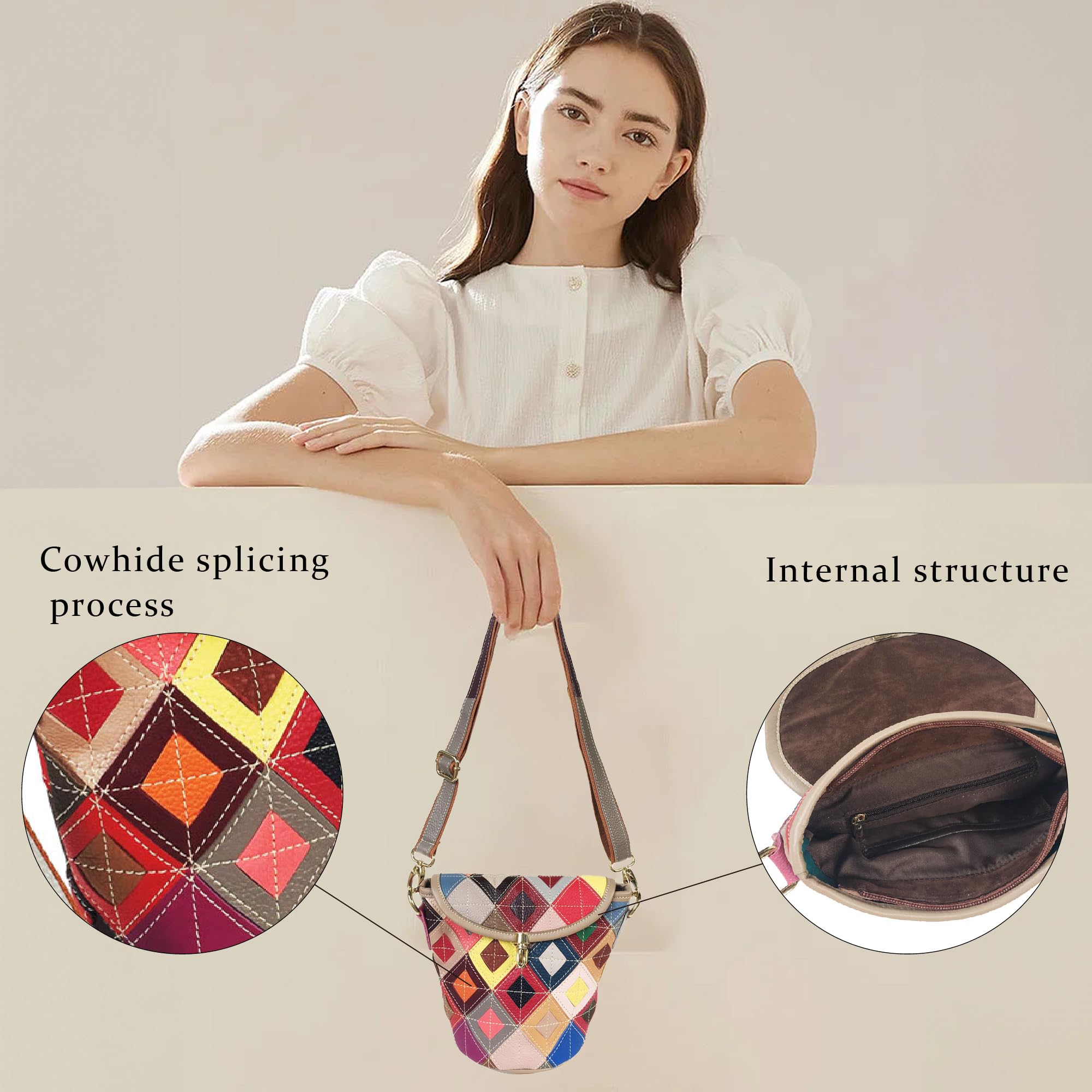 Handmade Cowhide Multi Color Patchwork Bag Crossbody Shoulder Handheld Unique Style