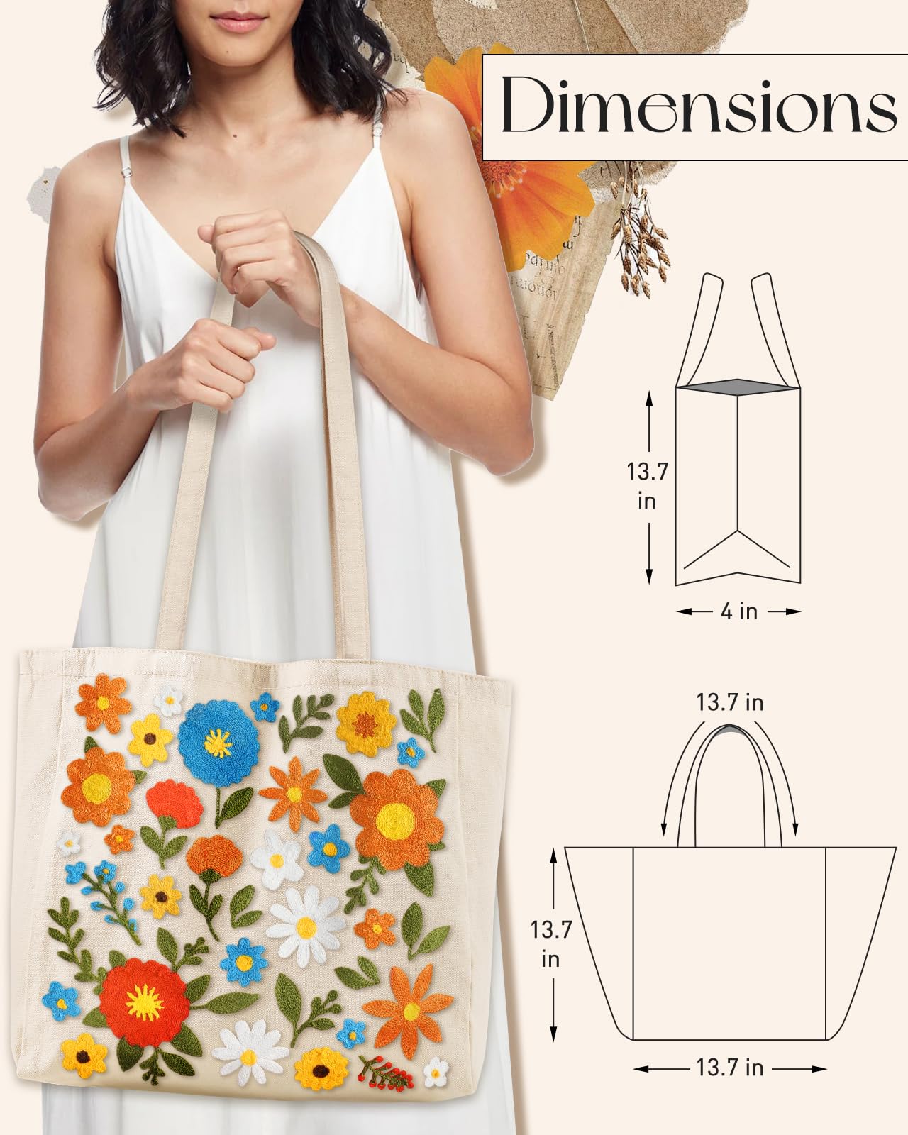 Embroidery Canvas Tote Bag for Women Reusable Shoulder Bag with Pocket and Buckle Cute Aesthetic Grocery Bag