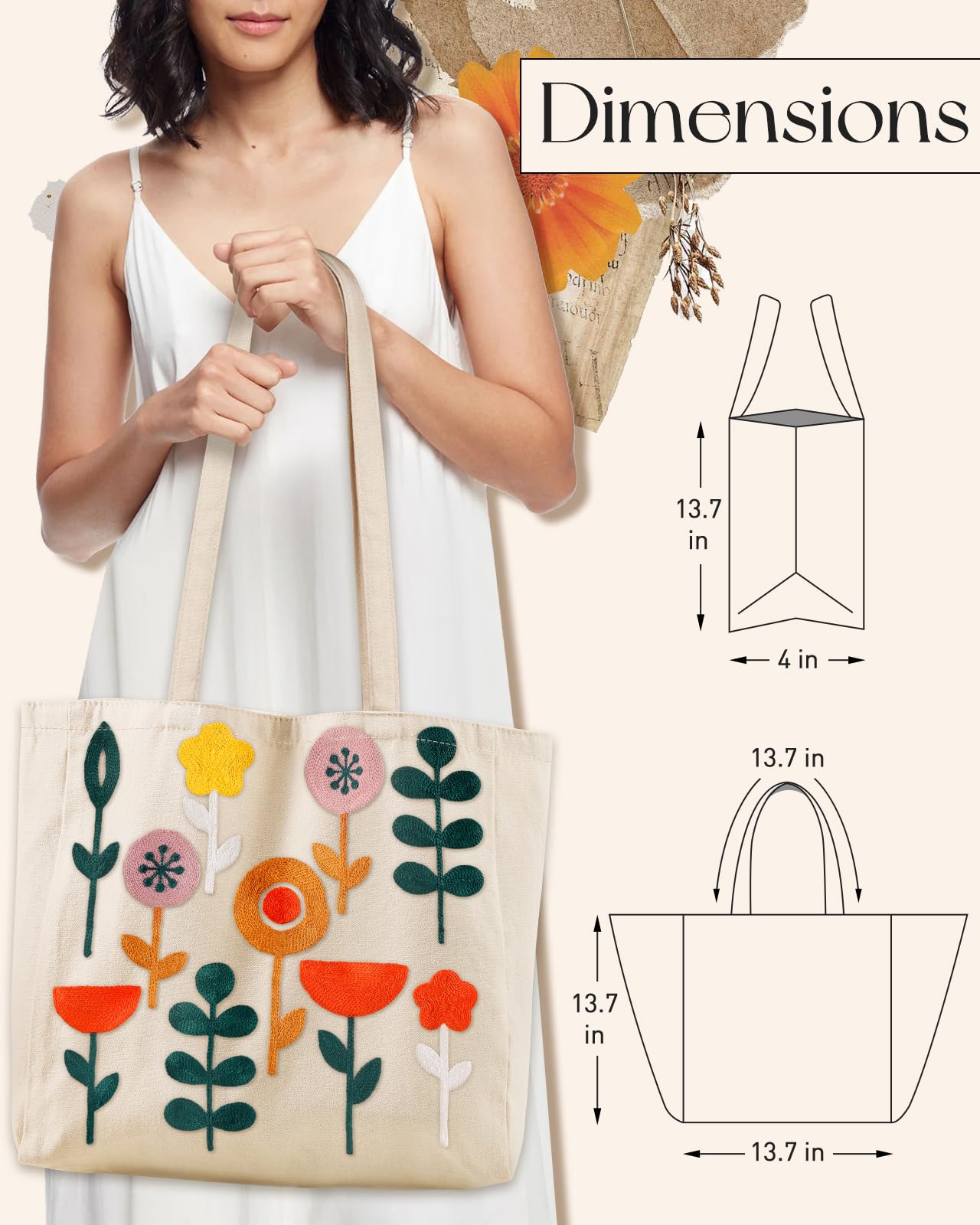 Embroidery Canvas Tote Bag for Women Reusable Shoulder Bag with Pocket and Buckle Cute Aesthetic Grocery Bag
