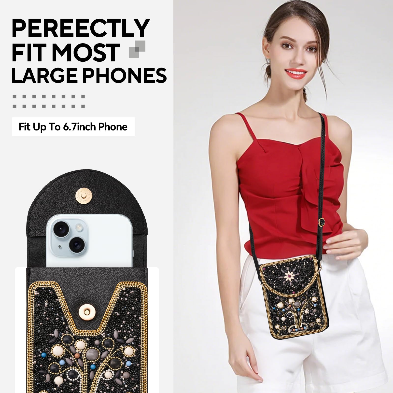 Beaded Crossbody Phone Shoulder Bag Boho Wallet Purse with Colorful Handcrafted Beads