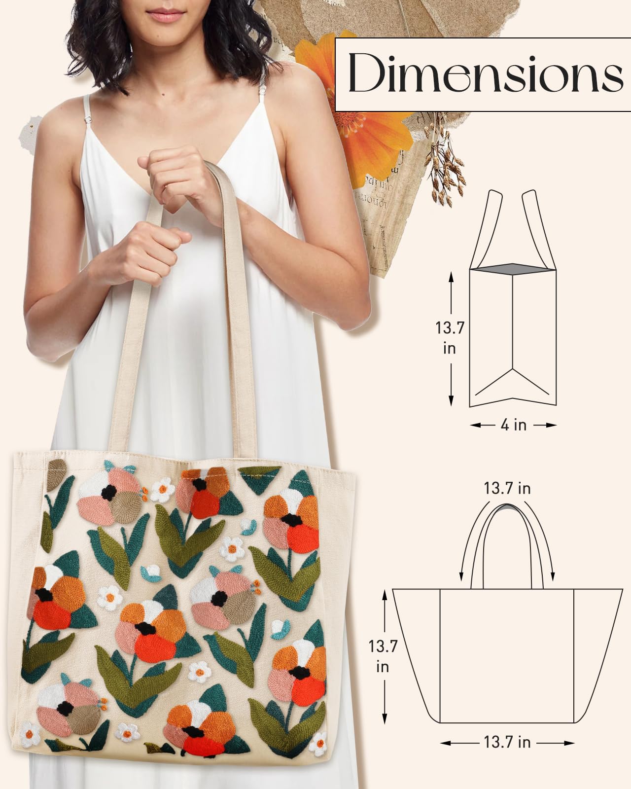 Embroidery Canvas Tote Bag for Women Reusable Shoulder Bag with Pocket and Buckle Cute Aesthetic Grocery Bag