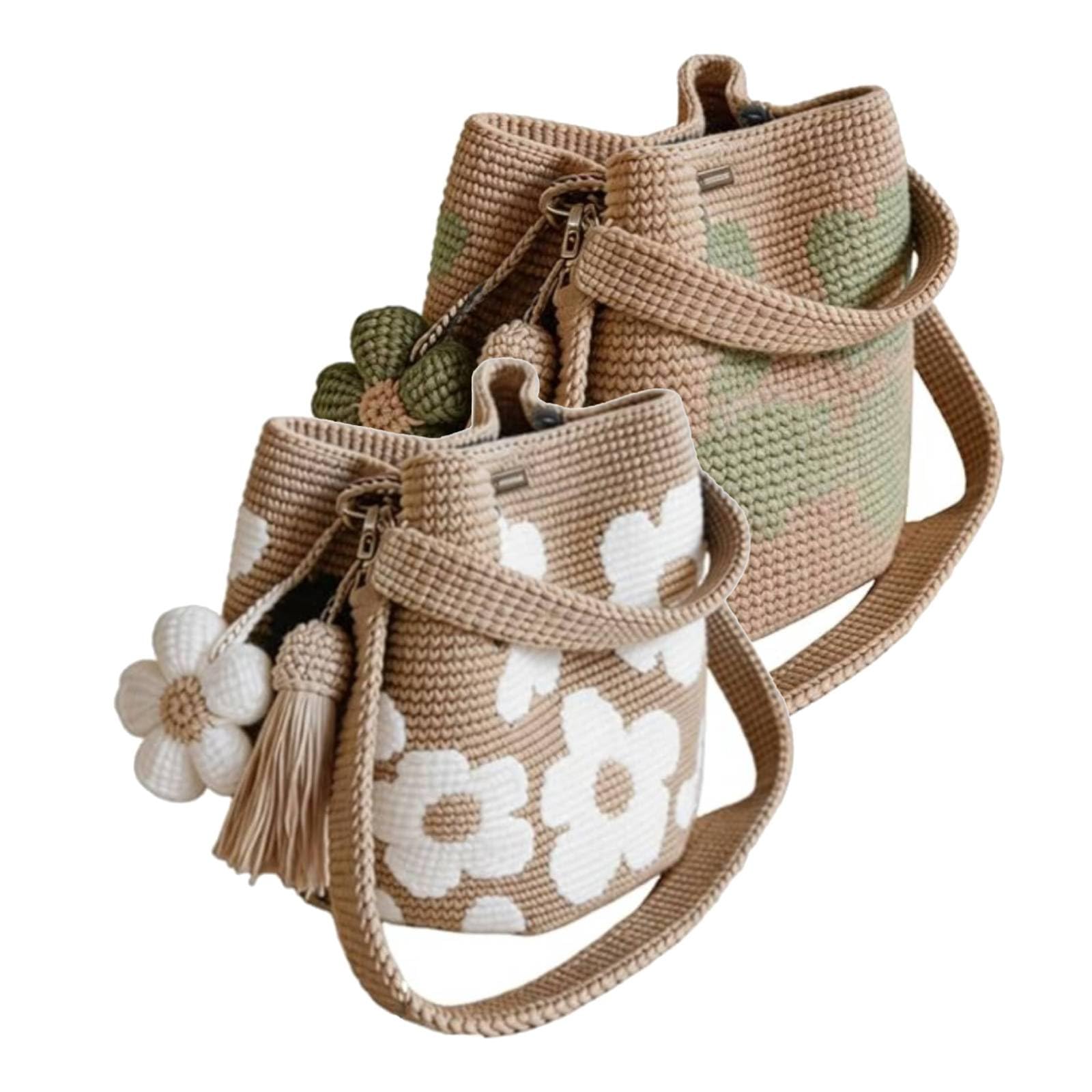 Handmade Crochet Flower Tote Mesh Knit Shoulder Bag with Flower and Tassel Charm Large Capacity Summer Travel Bag