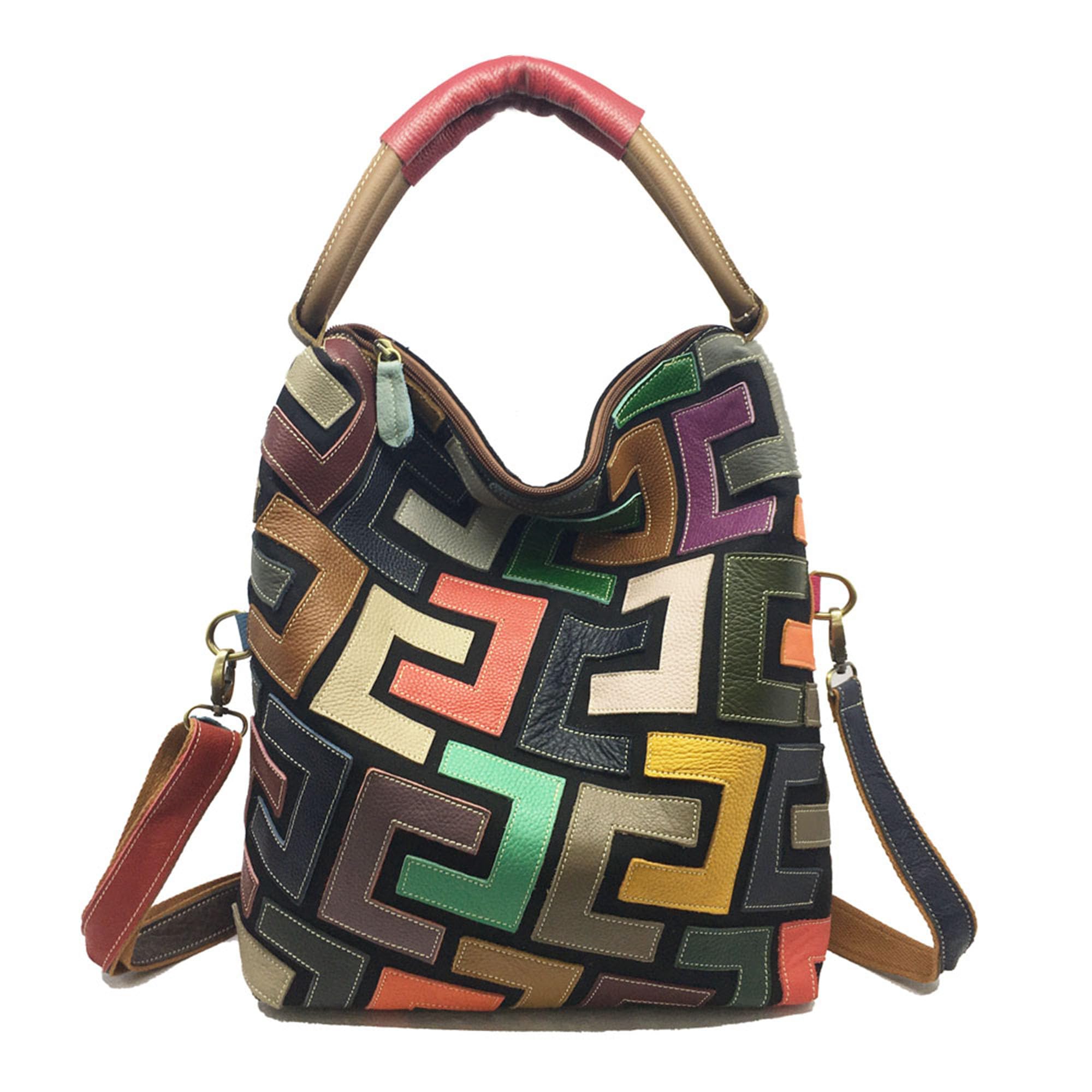 Handmade Cowhide Multi Color Patchwork Bag Crossbody Shoulder Handheld Unique Style