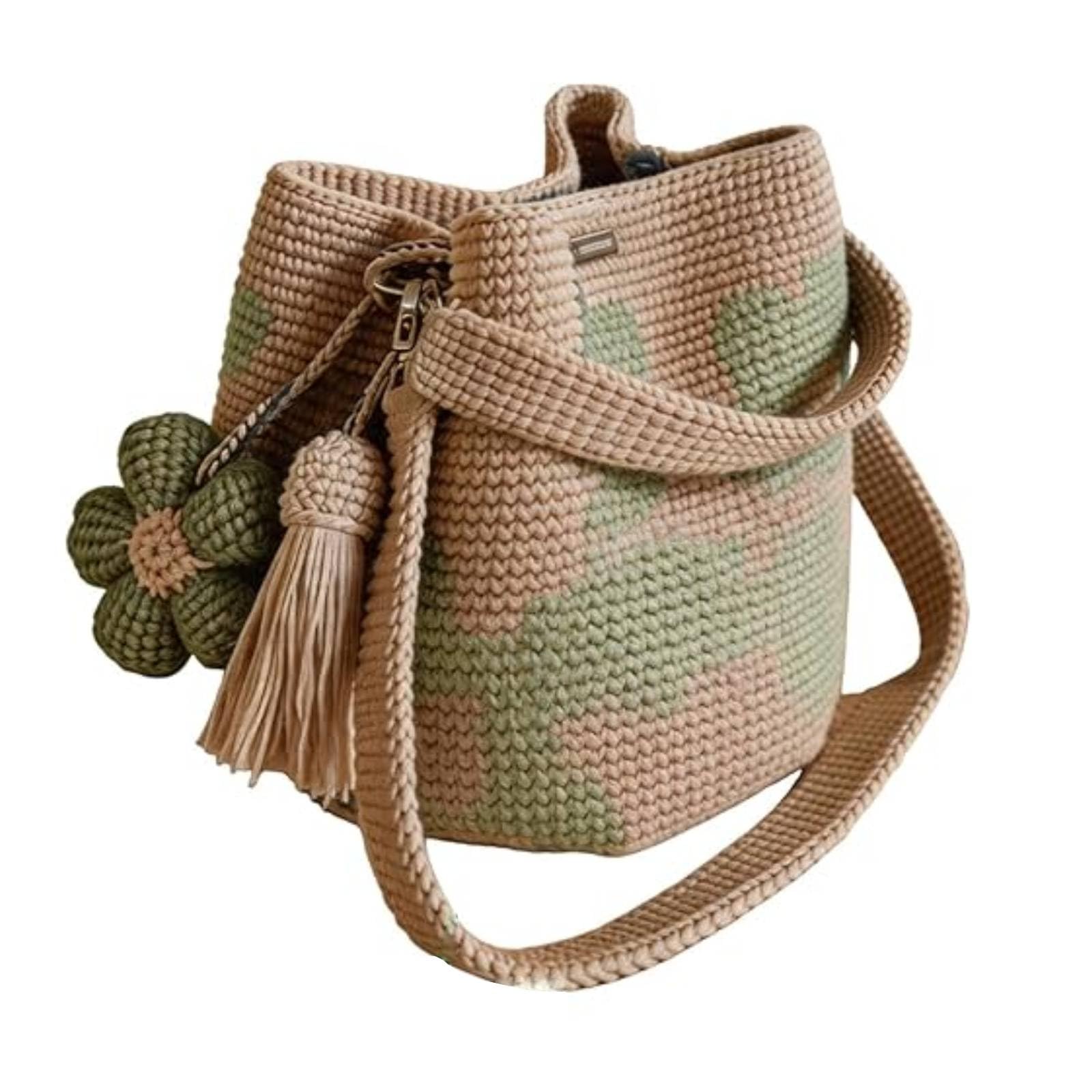 Handmade Crochet Flower Tote Mesh Knit Shoulder Bag with Flower and Tassel Charm Large Capacity Summer Travel Bag