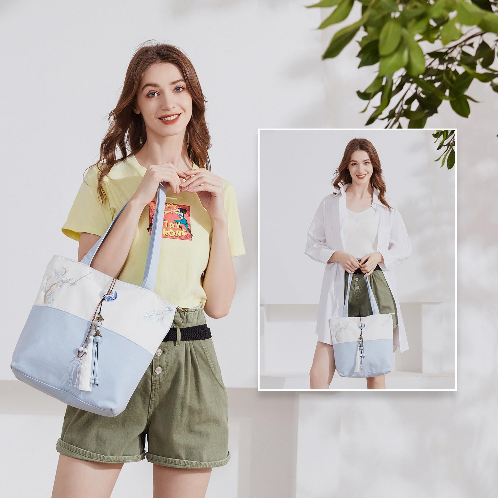 Elegant Vintage Silk Pattern Shoulder Tote Bag with Pendant and Tassels