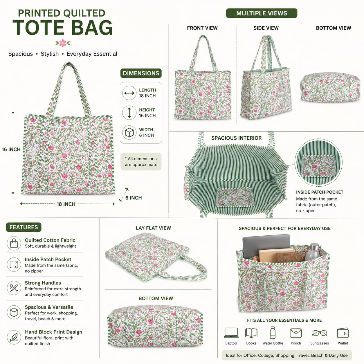 Handmade Cotton Floral Block Print Quilted Tote Shoulder Market Shopping Bag