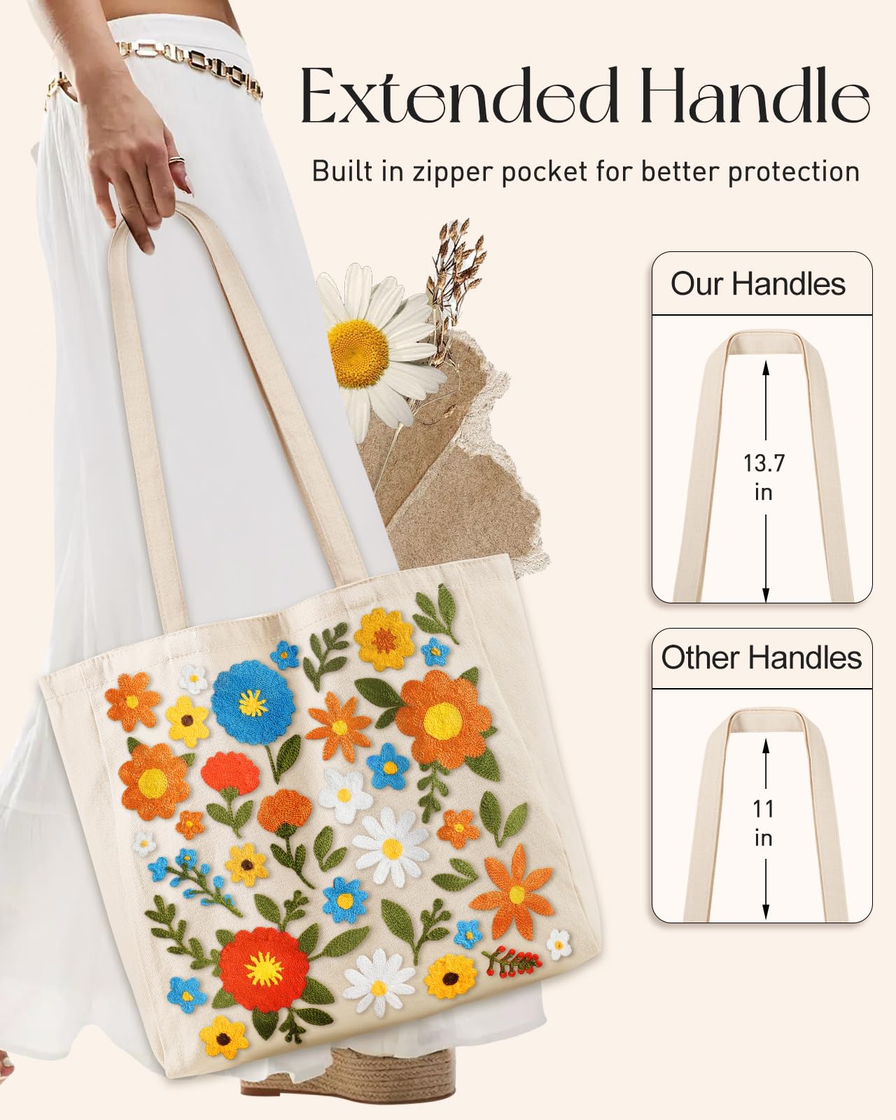 Embroidery Canvas Tote Bag for Women Reusable Shoulder Bag with Pocket and Buckle Cute Aesthetic Grocery Bag