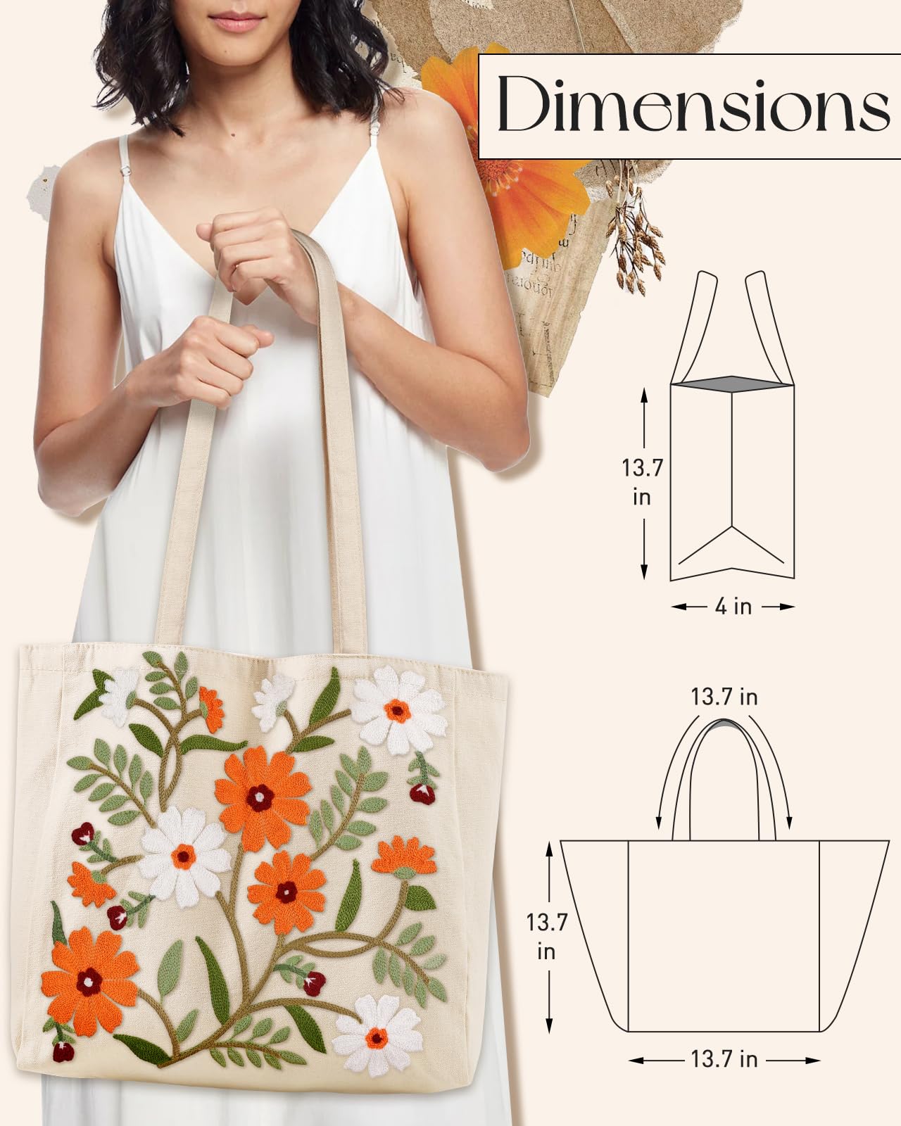 Embroidery Canvas Tote Bag for Women Reusable Shoulder Bag with Pocket and Buckle Cute Aesthetic Grocery Bag
