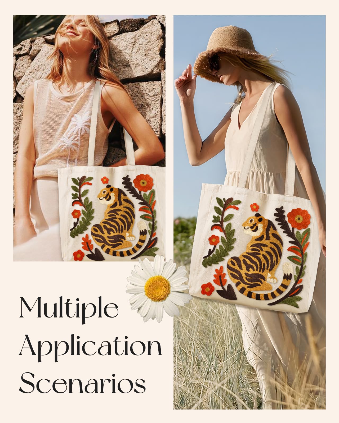 Embroidery Canvas Tote Bag for Women Reusable Shoulder Bag with Pocket and Buckle Cute Aesthetic Grocery Bag