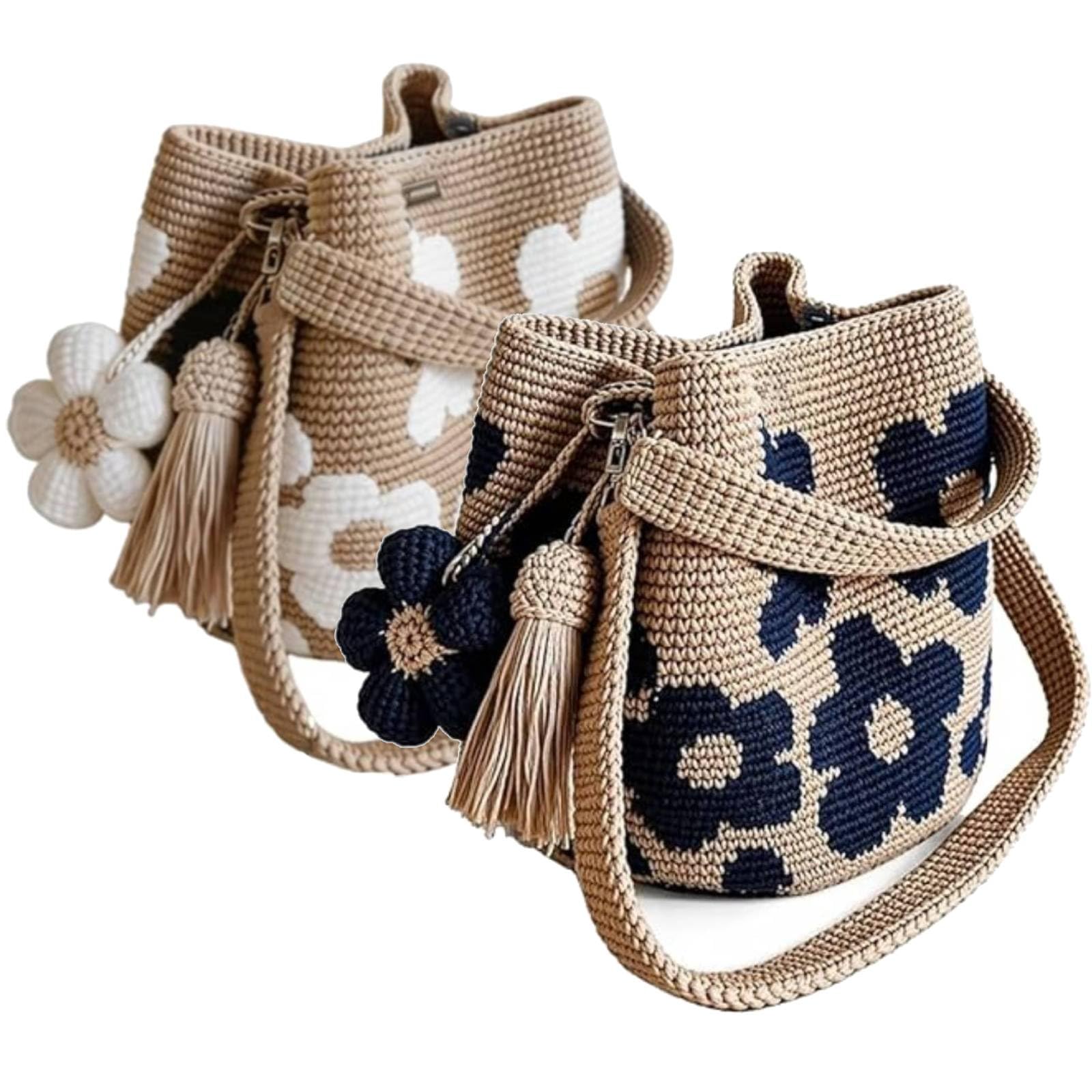 Handmade Crochet Flower Tote Mesh Knit Shoulder Bag with Flower and Tassel Charm Large Capacity Summer Travel Bag