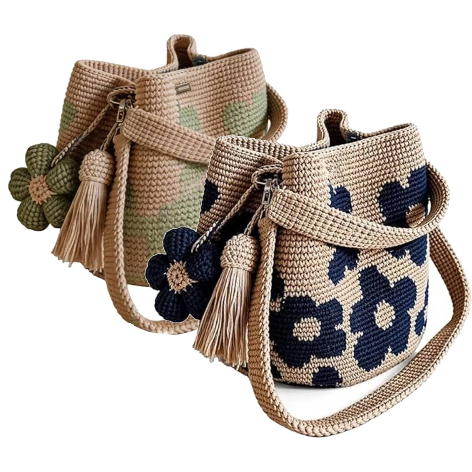 Handmade Crochet Flower Tote Mesh Knit Shoulder Bag with Flower and Tassel Charm Large Capacity Summer Travel Bag