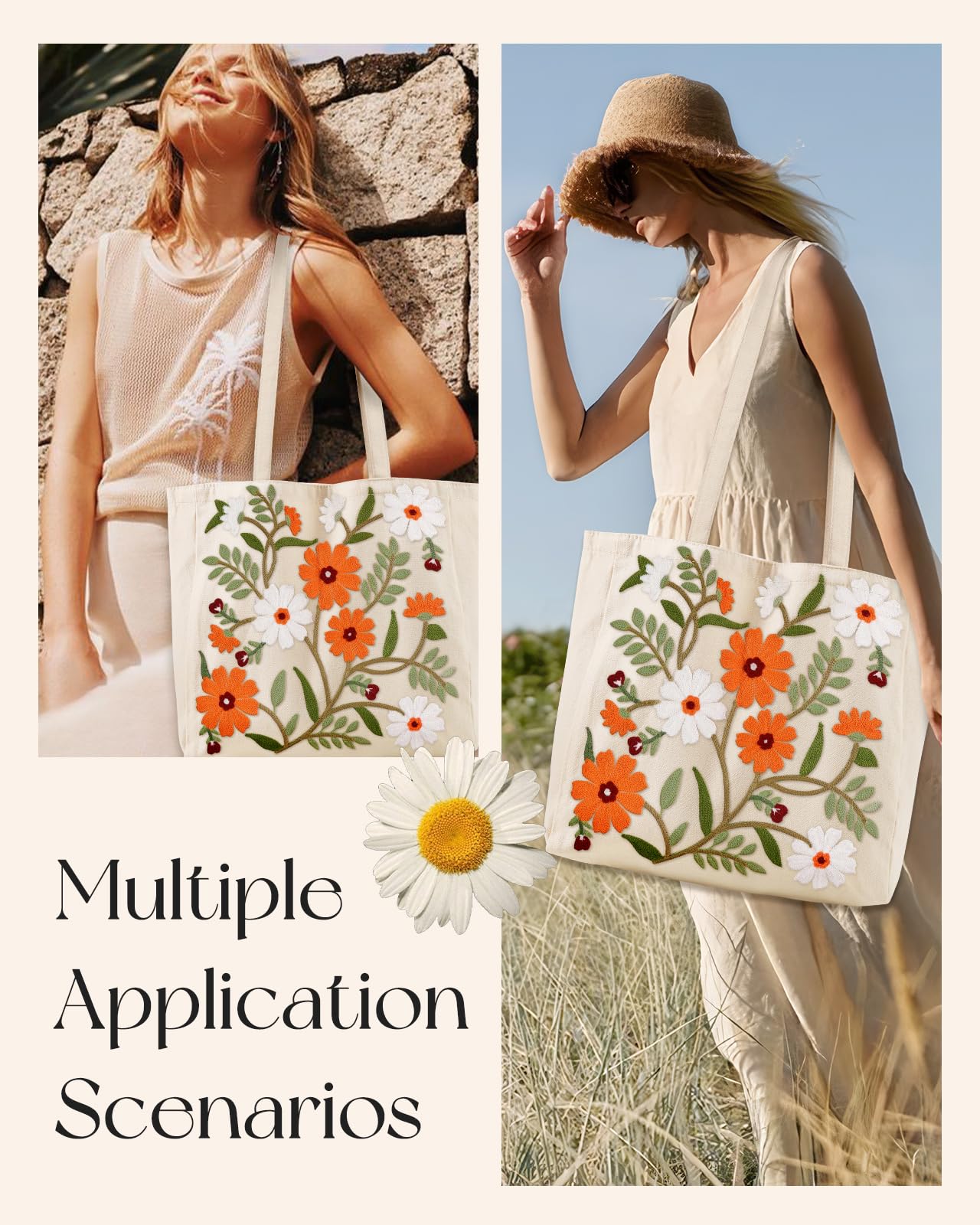 Embroidery Canvas Tote Bag for Women Reusable Shoulder Bag with Pocket and Buckle Cute Aesthetic Grocery Bag