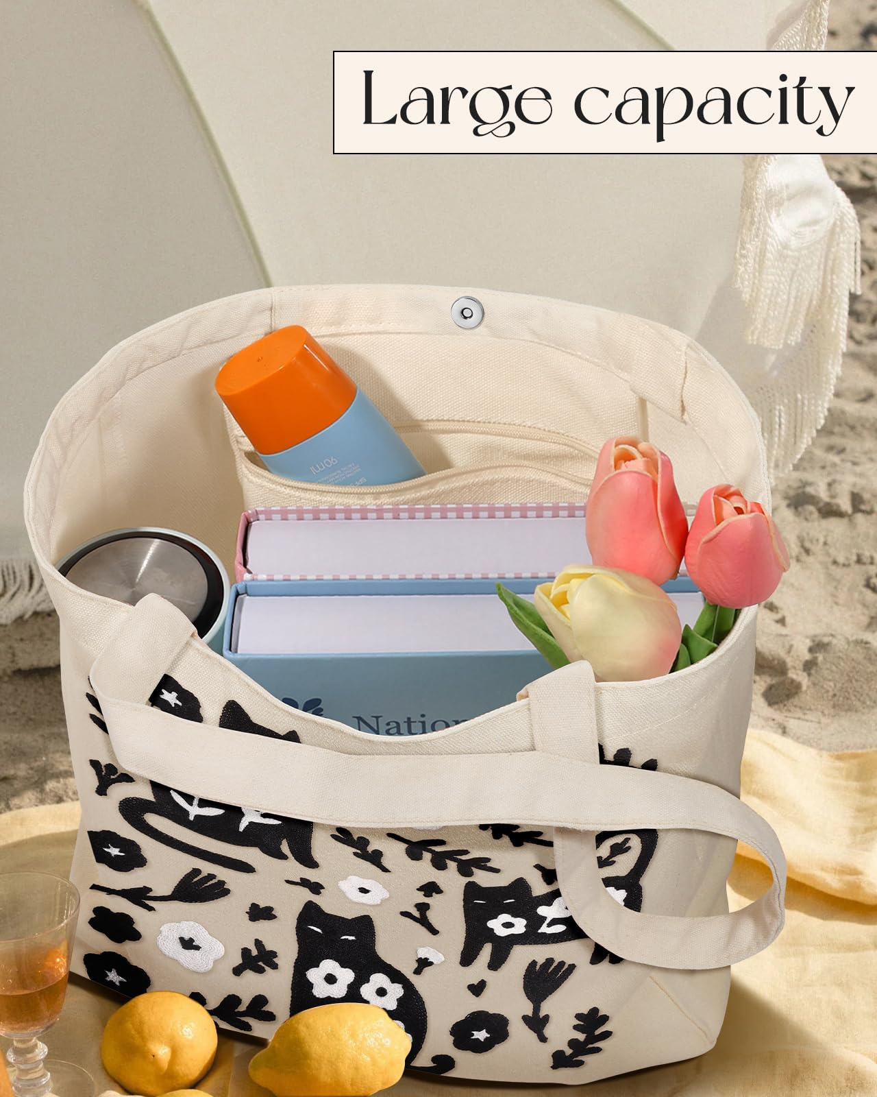 Embroidery Canvas Tote Bag for Women Reusable Shoulder Bag with Pocket and Buckle Cute Aesthetic Grocery Bag