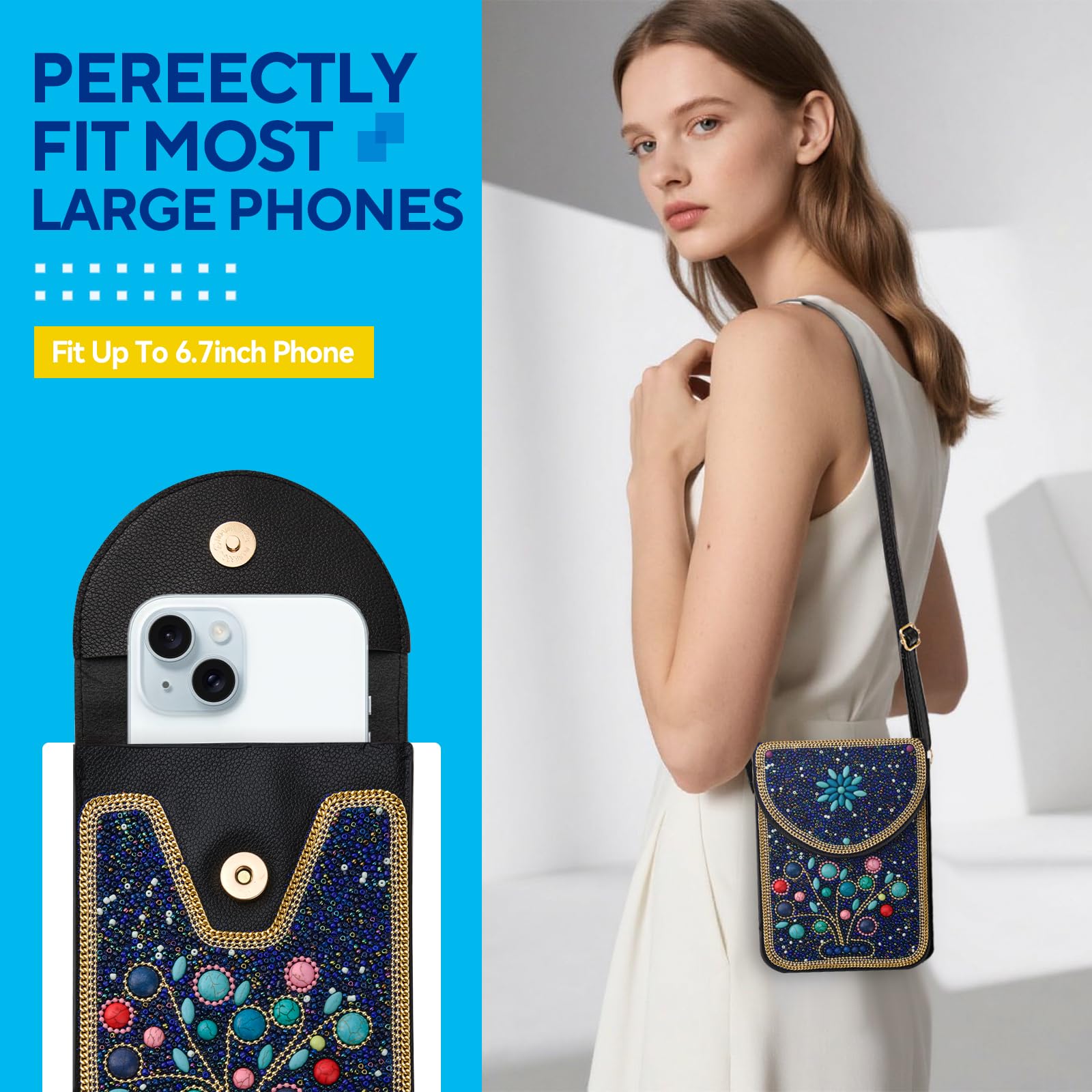 Beaded Crossbody Phone Shoulder Bag Boho Wallet Purse with Colorful Handcrafted Beads