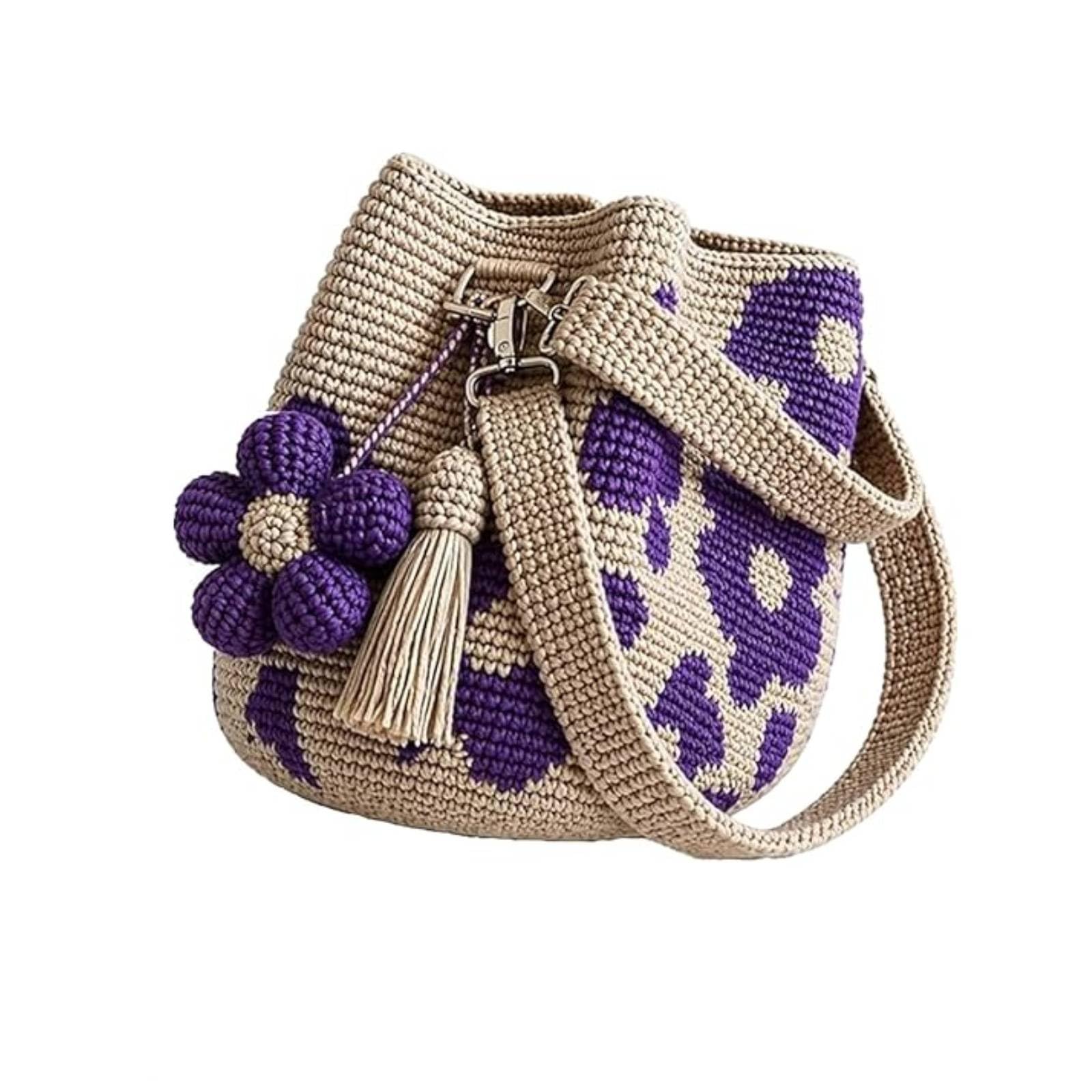 Handmade Crochet Flower Tote Mesh Knit Shoulder Bag with Flower and Tassel Charm Large Capacity Summer Travel Bag
