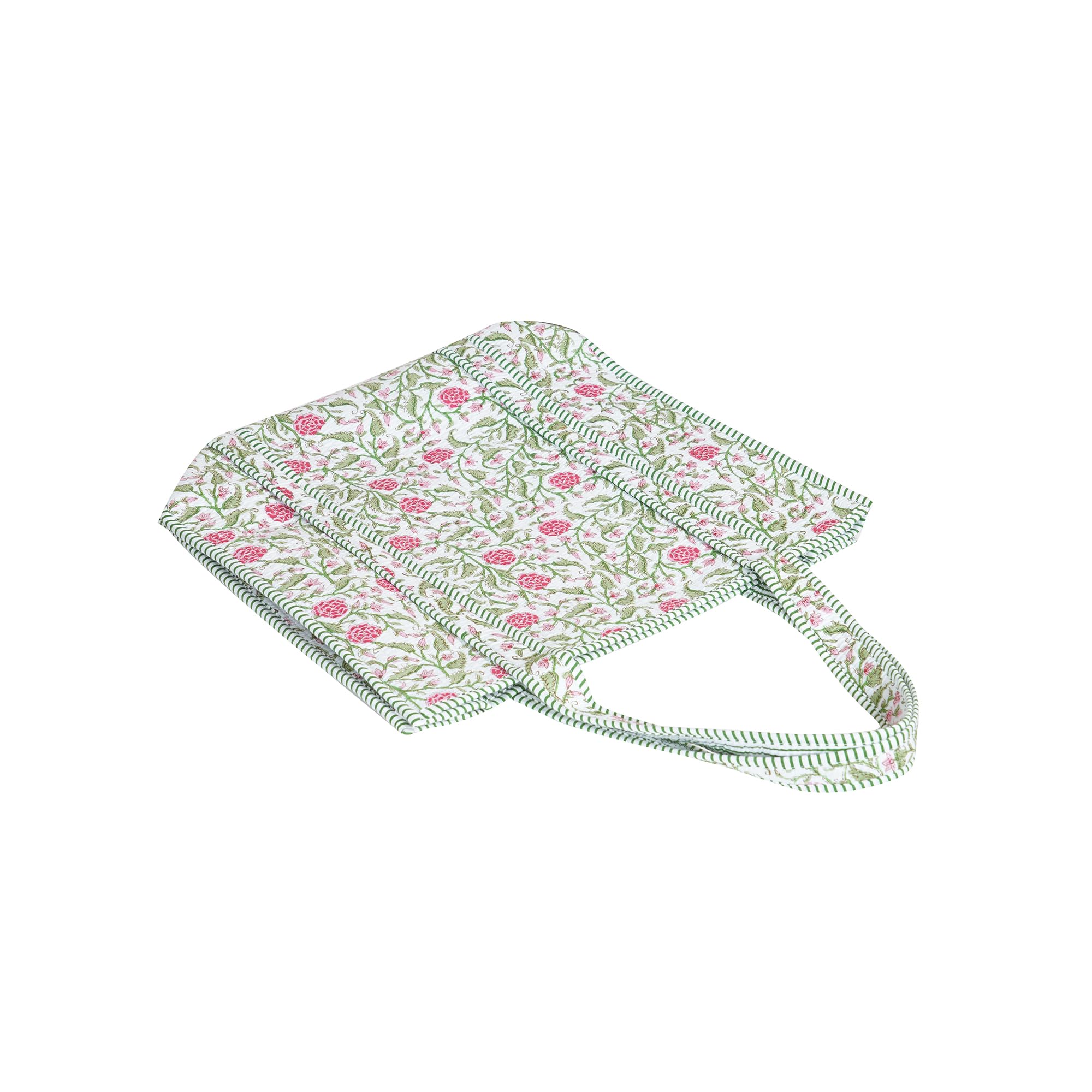 Handmade Cotton Floral Block Print Quilted Tote Shoulder Market Shopping Bag