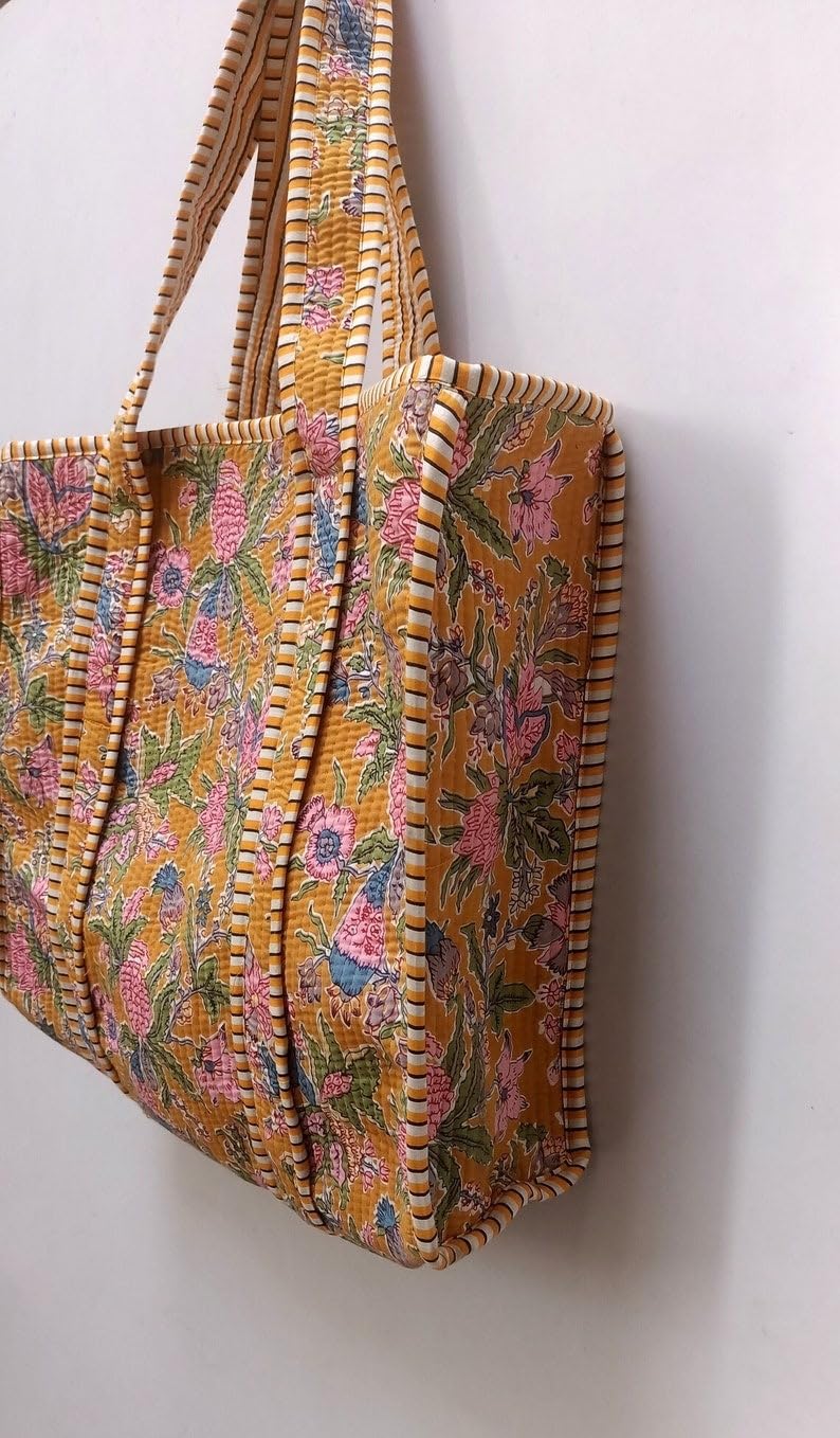 Handmade Quilted Cotton Tote Bag Boho Large Shopping Market Bag