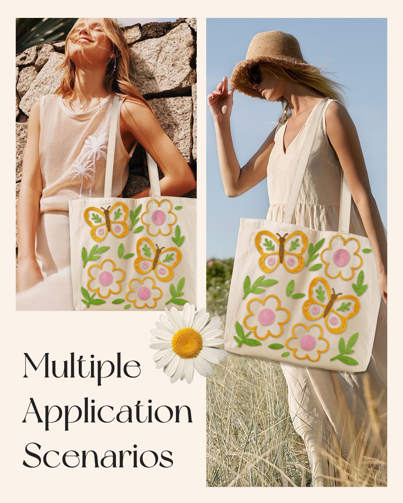 Embroidery Canvas Tote Bag for Women Reusable Shoulder Bag with Pocket and Buckle Cute Aesthetic Grocery Bag
