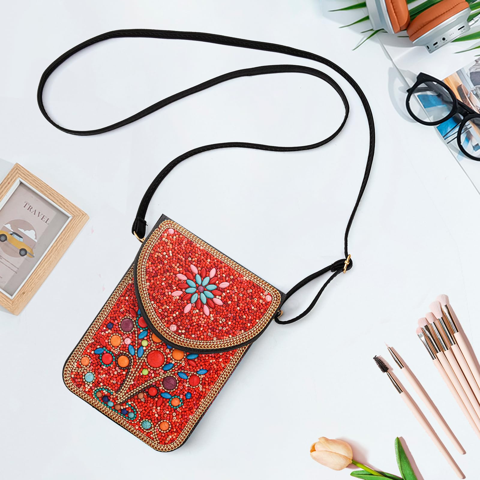 Beaded Crossbody Phone Shoulder Bag Boho Wallet Purse with Colorful Handcrafted Beads