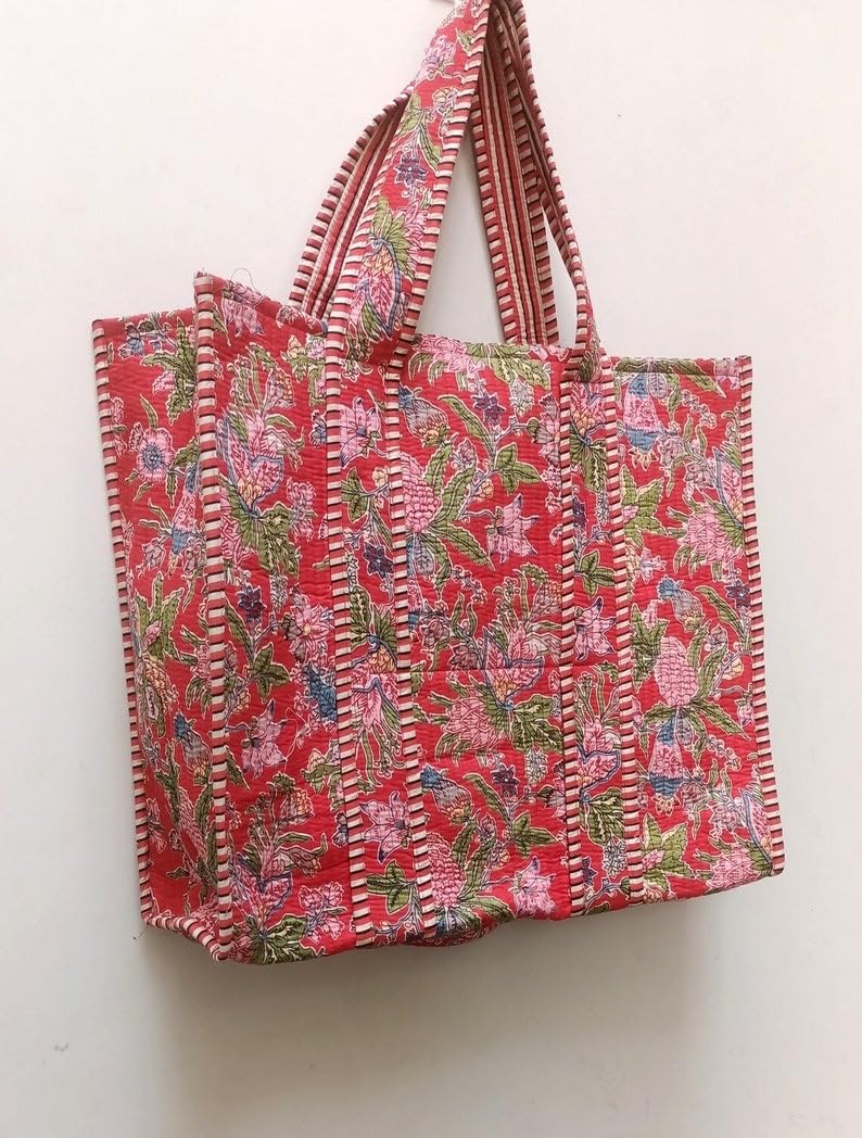 Handmade Quilted Cotton Tote Bag Boho Large Shopping Market Bag