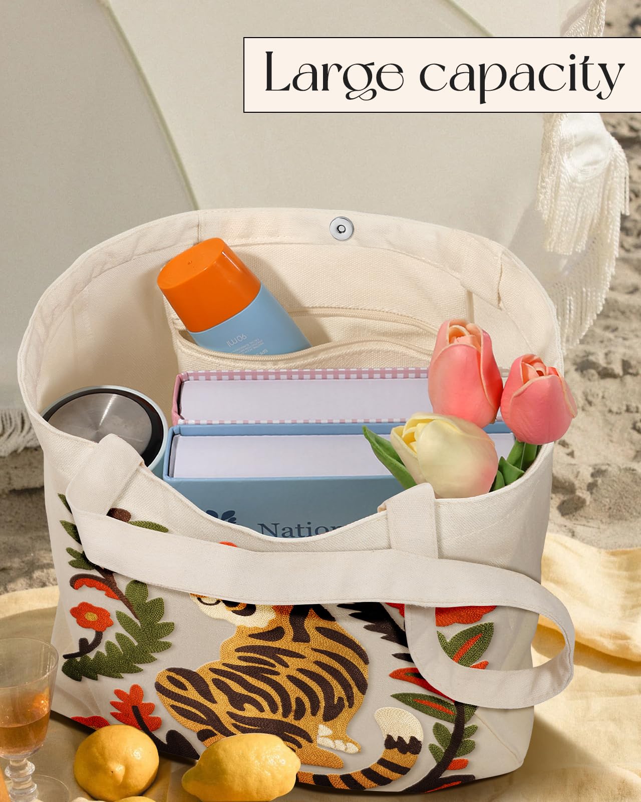 Embroidery Canvas Tote Bag for Women Reusable Shoulder Bag with Pocket and Buckle Cute Aesthetic Grocery Bag