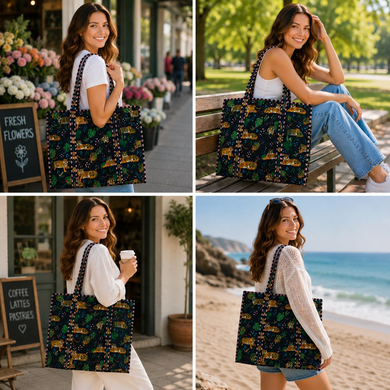Handmade Cotton Floral Block Print Quilted Tote Shoulder Market Shopping Bag