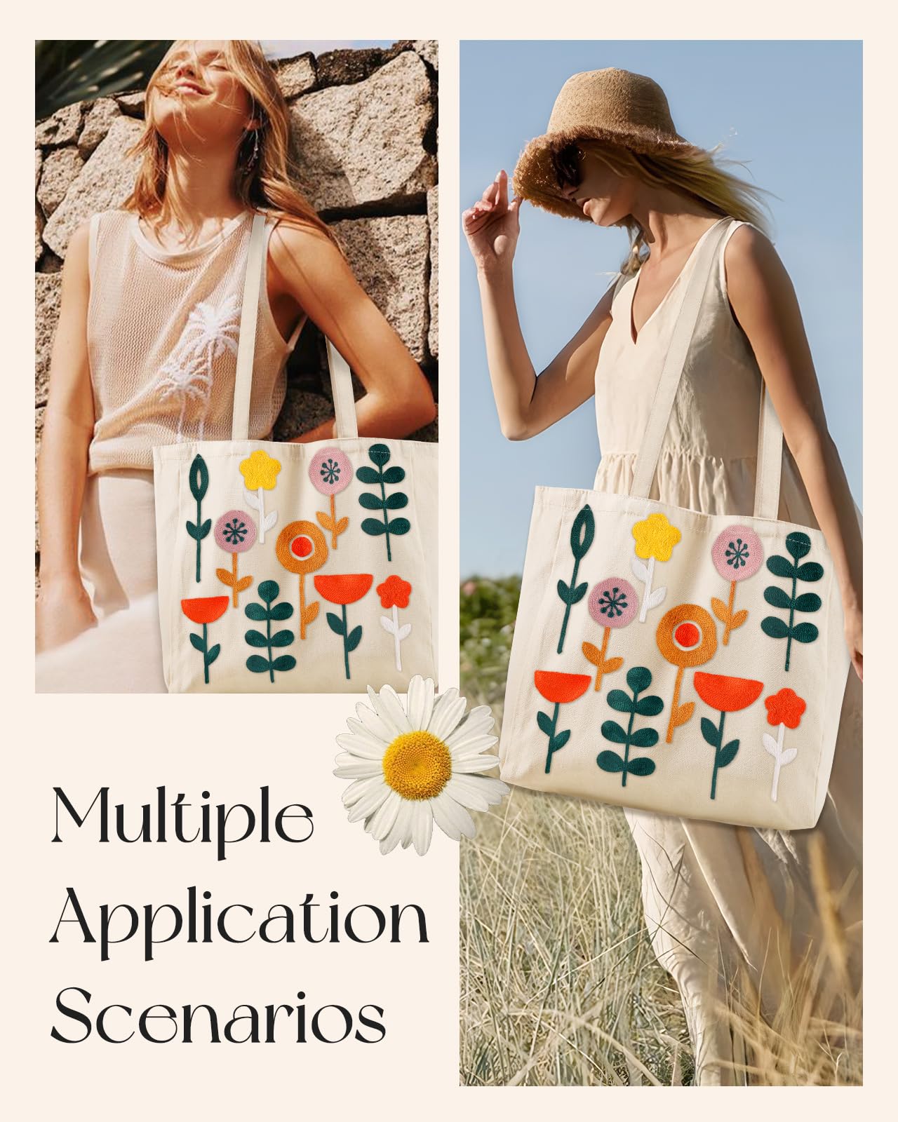 Embroidery Canvas Tote Bag for Women Reusable Shoulder Bag with Pocket and Buckle Cute Aesthetic Grocery Bag