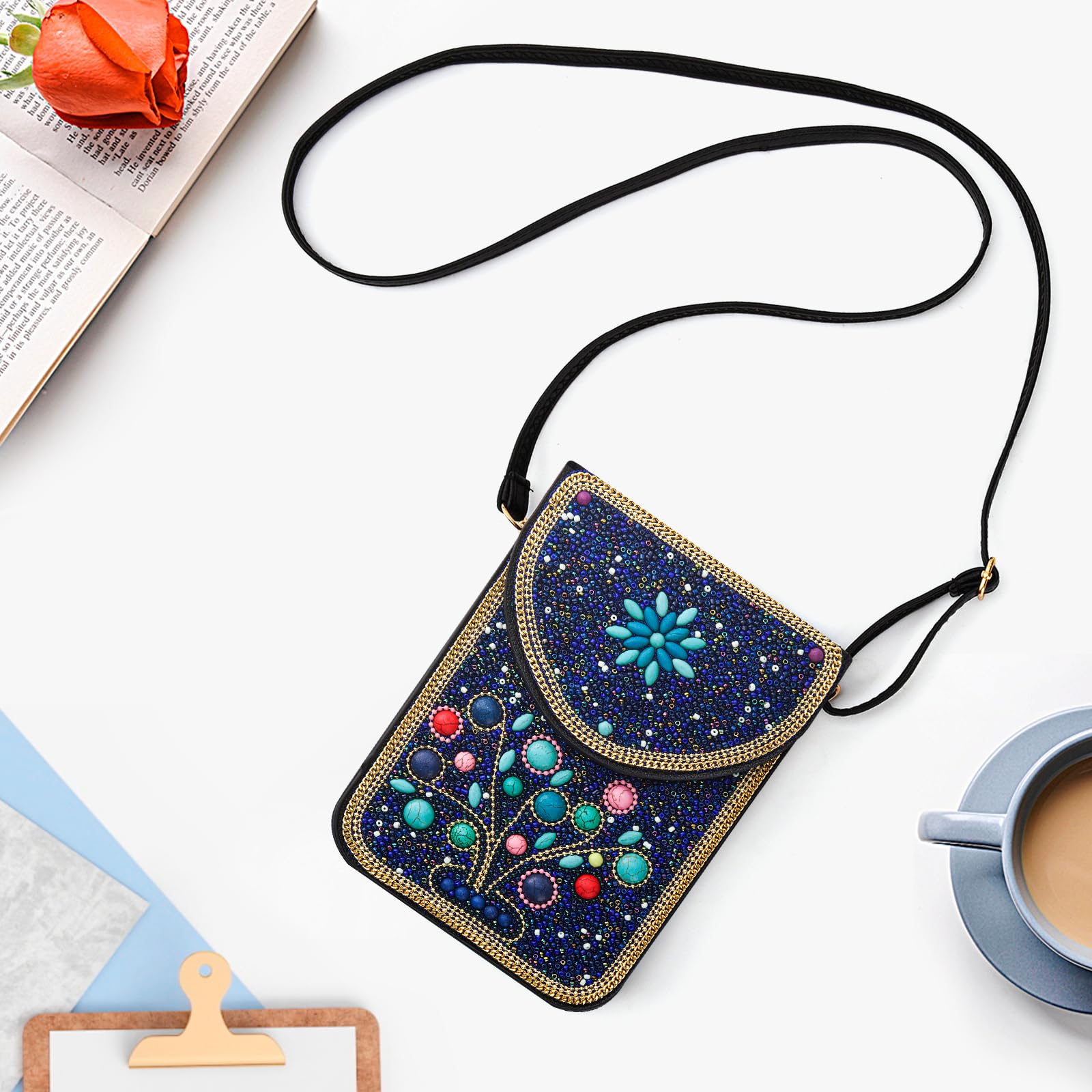 Beaded Crossbody Phone Shoulder Bag Boho Wallet Purse with Colorful Handcrafted Beads