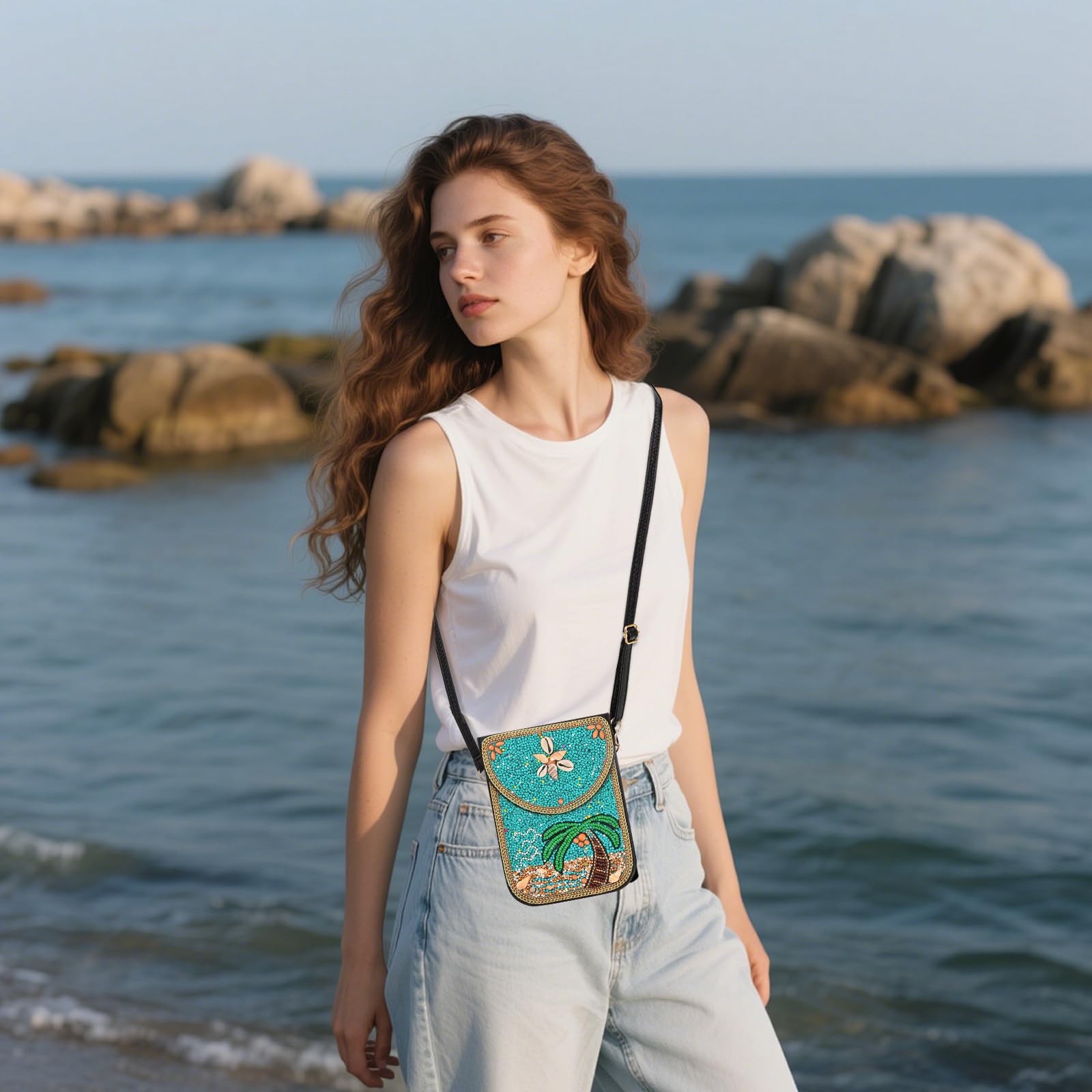 Beaded Crossbody Phone Shoulder Bag Boho Wallet Purse with Colorful Handcrafted Beads