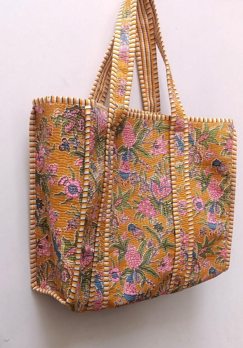 Handmade Quilted Cotton Tote Bag Boho Large Shopping Market Bag