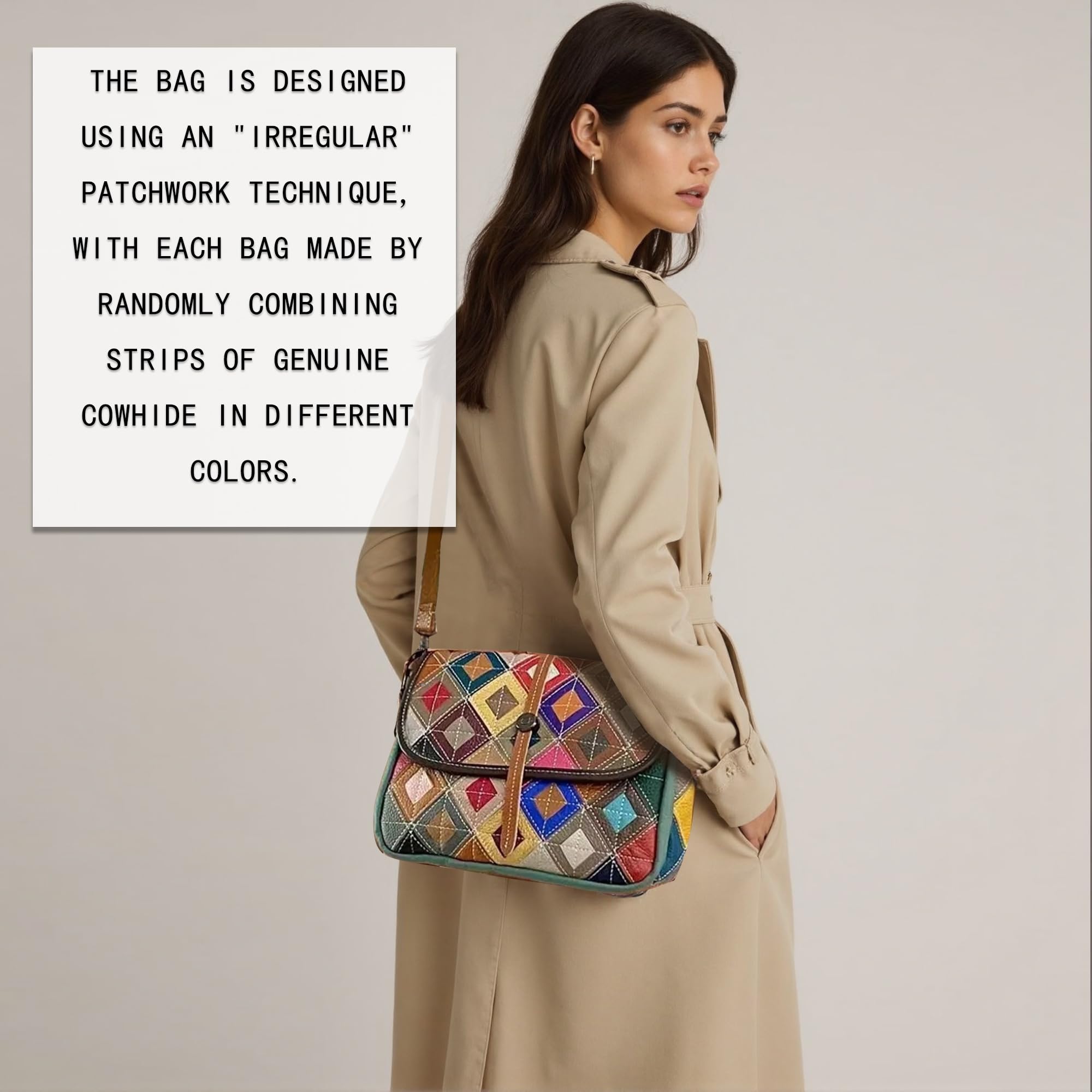 Handmade Cowhide Multi Color Patchwork Bag Crossbody Shoulder Handheld Unique Style