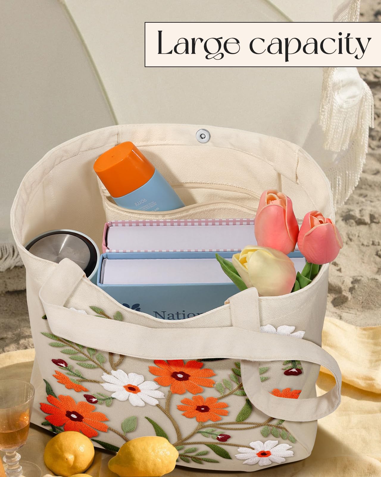 Embroidery Canvas Tote Bag for Women Reusable Shoulder Bag with Pocket and Buckle Cute Aesthetic Grocery Bag