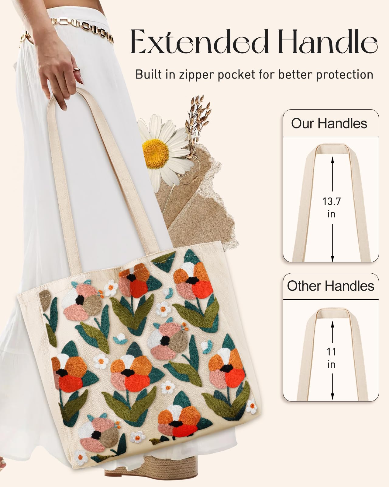 Embroidery Canvas Tote Bag for Women Reusable Shoulder Bag with Pocket and Buckle Cute Aesthetic Grocery Bag