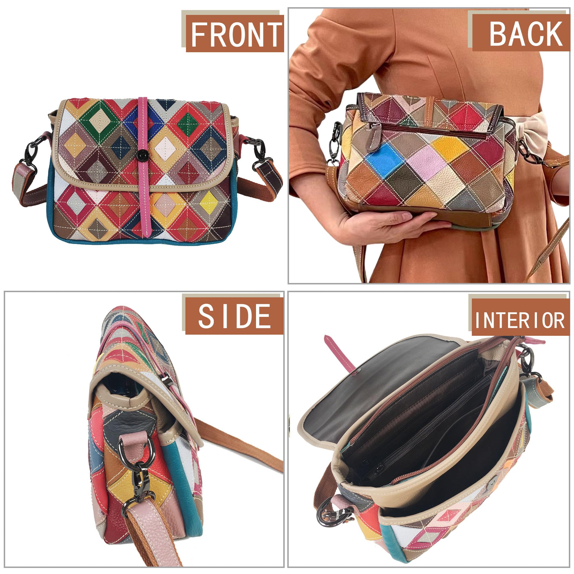 Handmade Cowhide Multi Color Patchwork Bag Crossbody Shoulder Handheld Unique Style