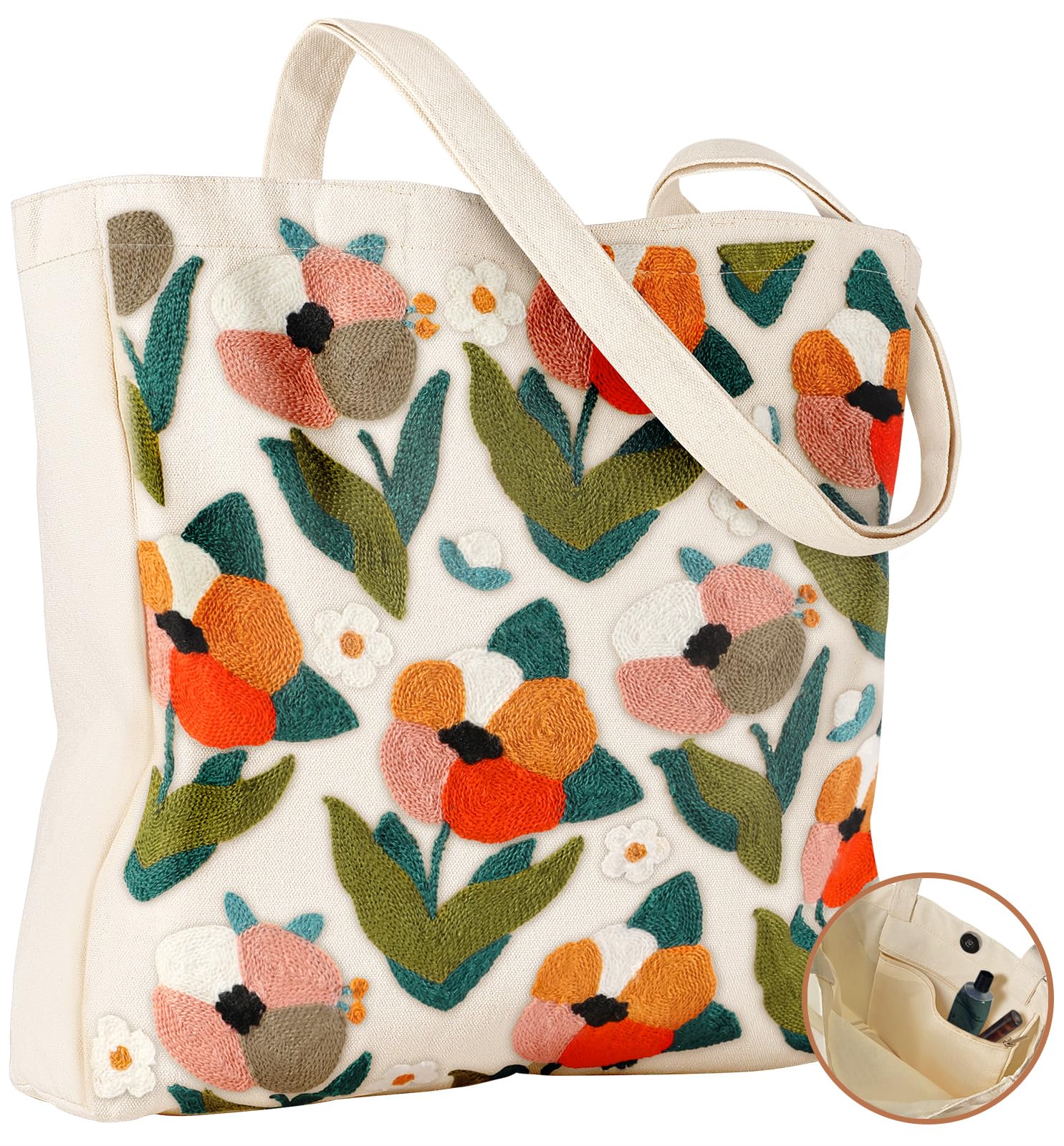 Embroidery Canvas Tote Bag for Women Reusable Shoulder Bag with Pocket and Buckle Cute Aesthetic Grocery Bag