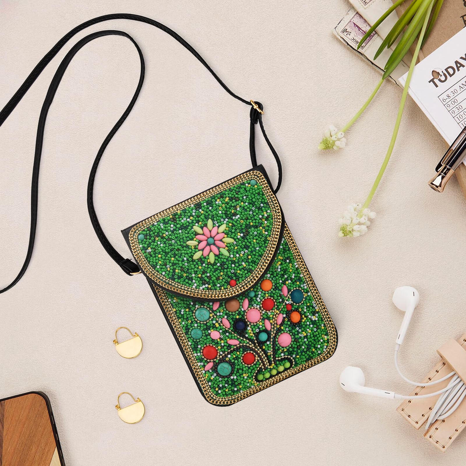 Beaded Crossbody Phone Shoulder Bag Boho Wallet Purse with Colorful Handcrafted Beads
