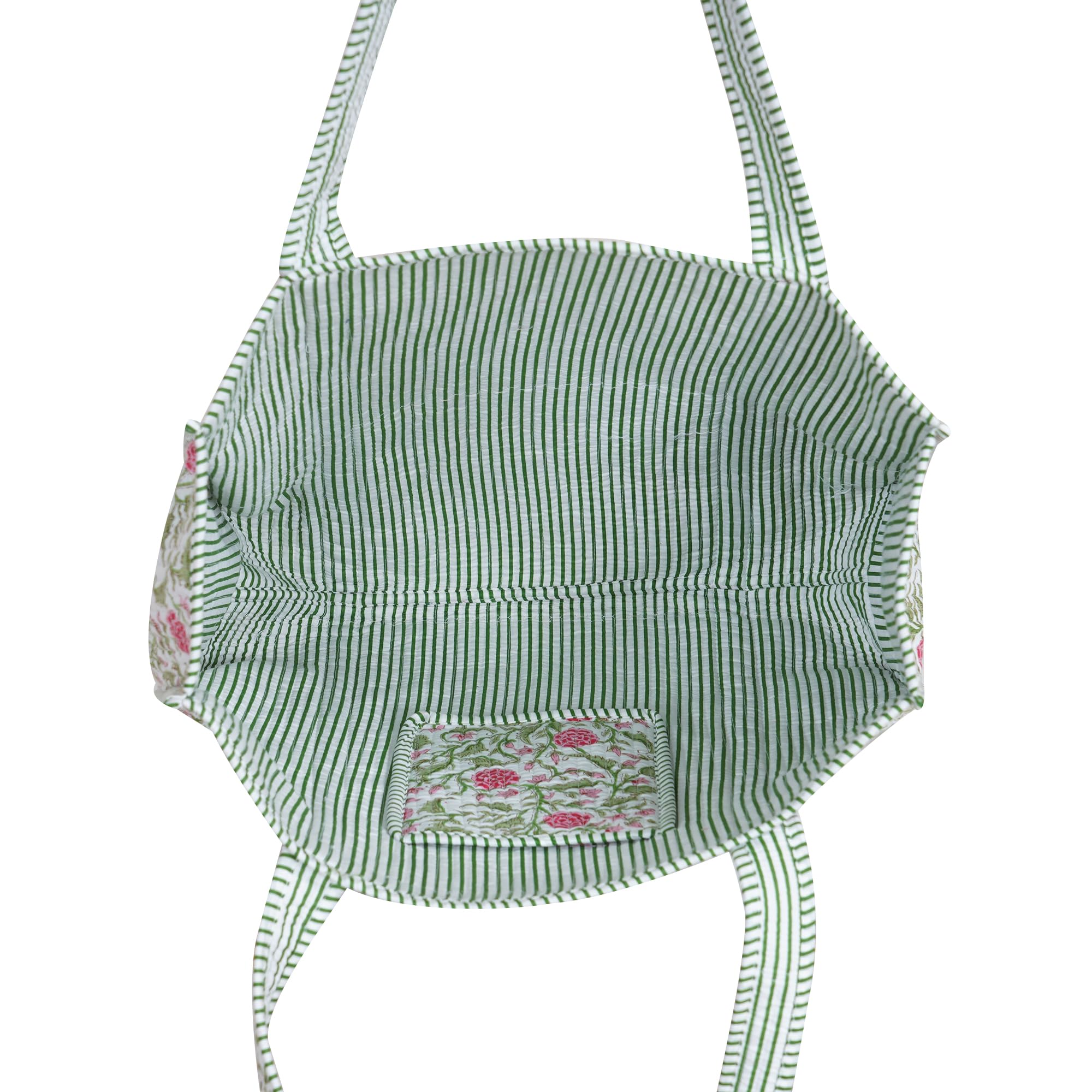 Handmade Cotton Floral Block Print Quilted Tote Shoulder Market Shopping Bag