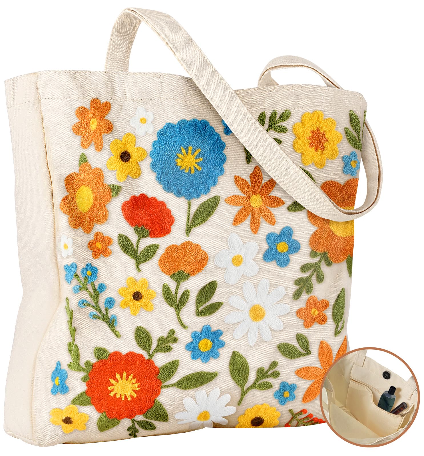 Embroidery Canvas Tote Bag for Women Reusable Shoulder Bag with Pocket and Buckle Cute Aesthetic Grocery Bag