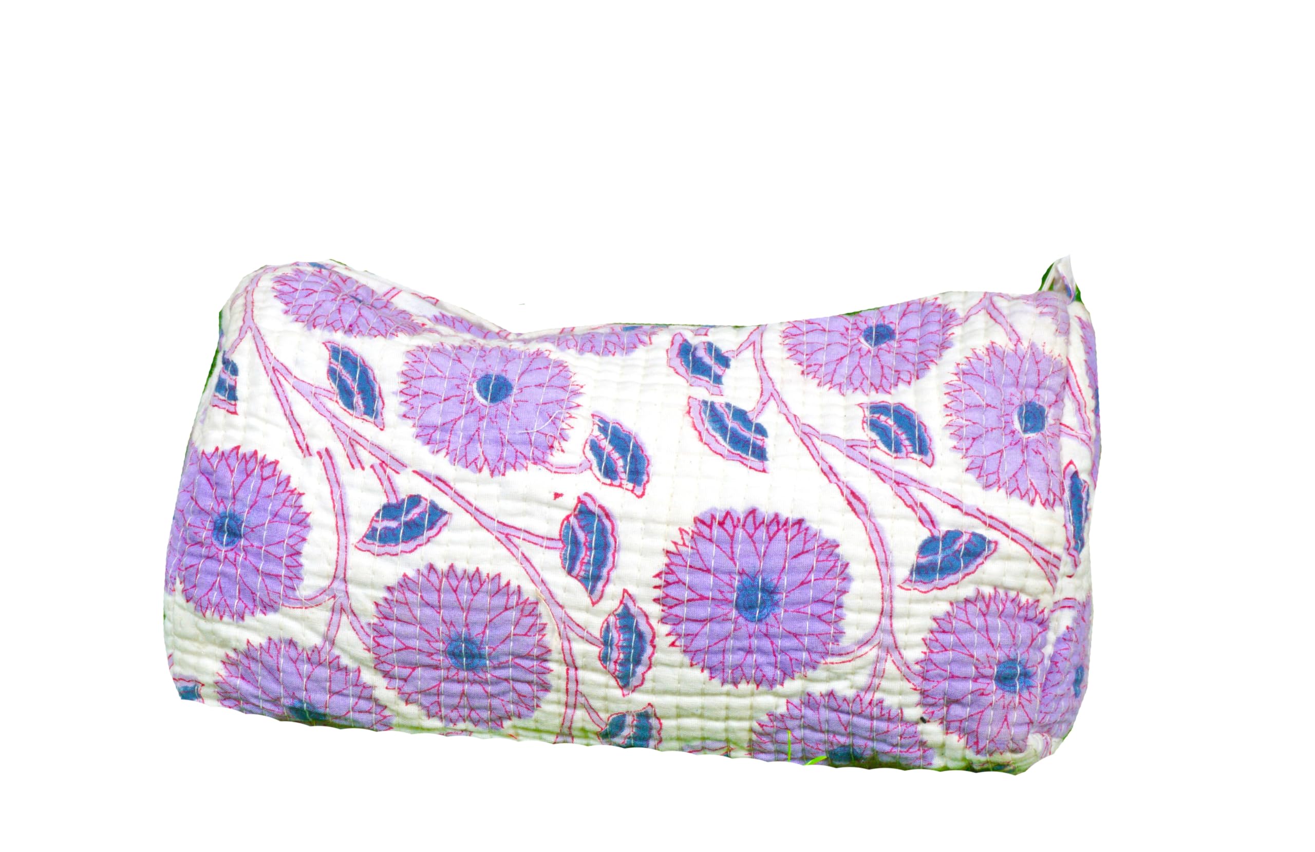 Indian Handmade Cotton Quilted Floral Toiletry Cosmetic Makeup Bag Blue A