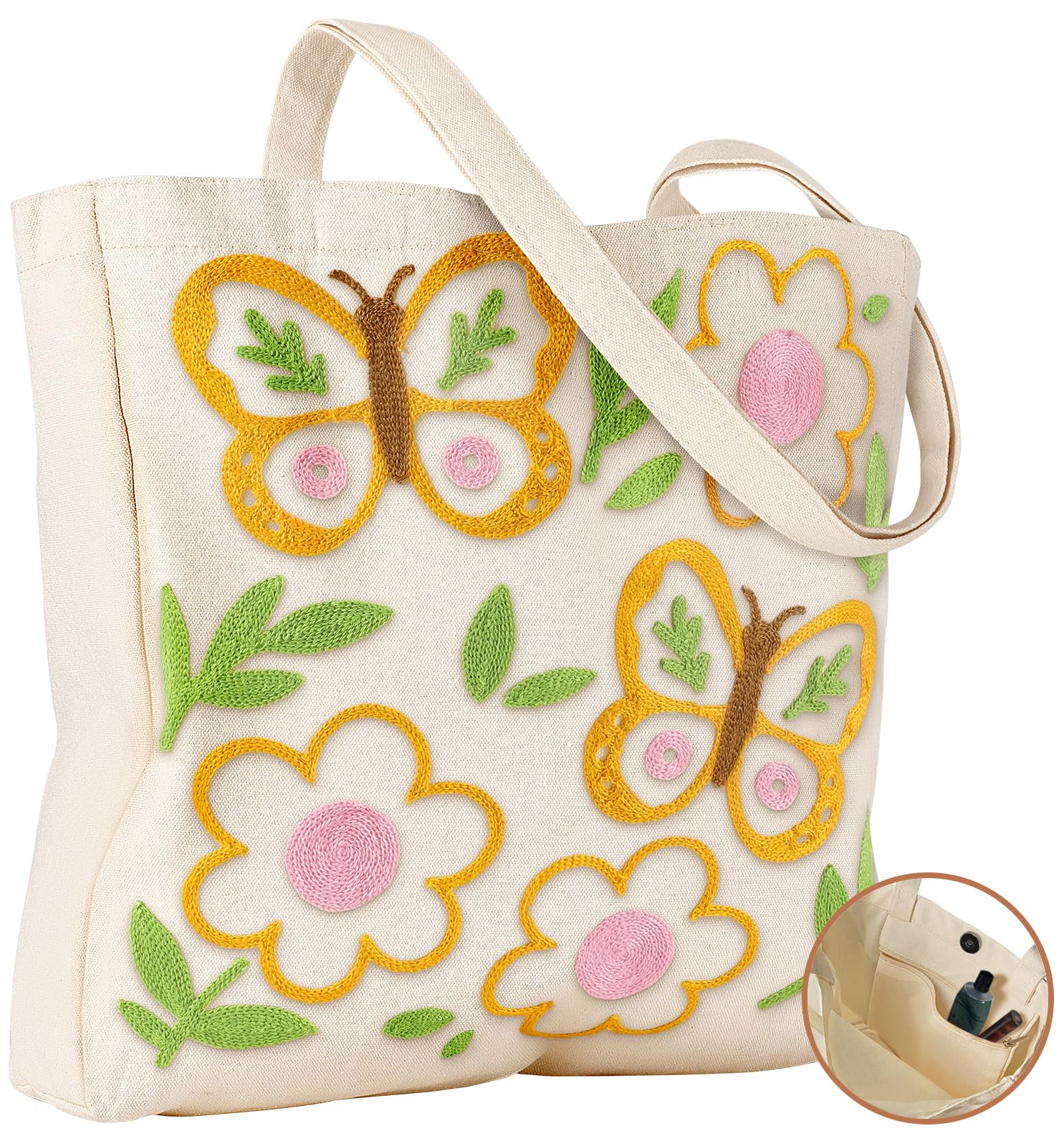 Embroidery Canvas Tote Bag for Women Reusable Shoulder Bag with Pocket and Buckle Cute Aesthetic Grocery Bag