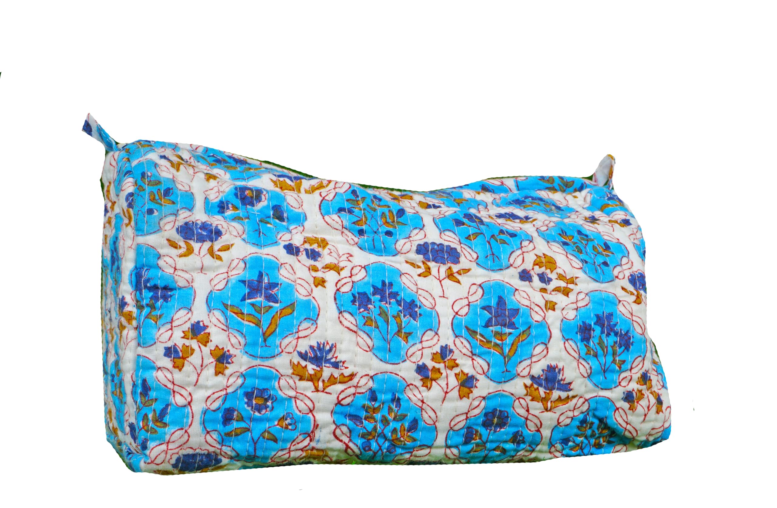Indian Handmade Cotton Quilted Floral Toiletry Cosmetic Makeup Bag Blue A