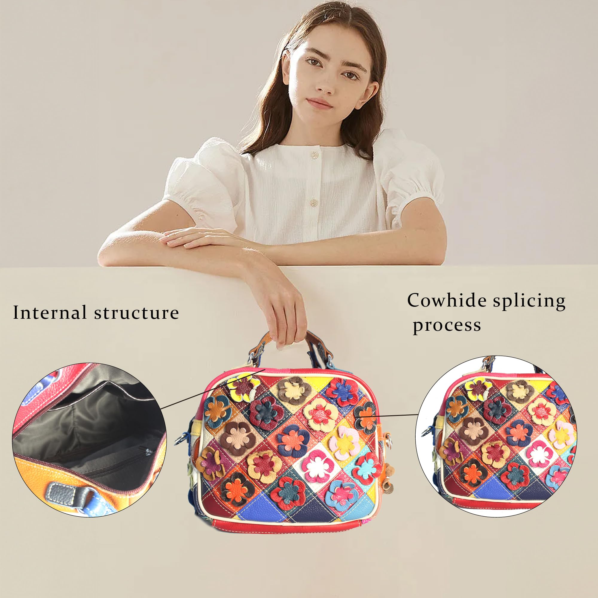 Handmade Cowhide Multi Color Patchwork Bag Crossbody Shoulder Handheld Unique Style