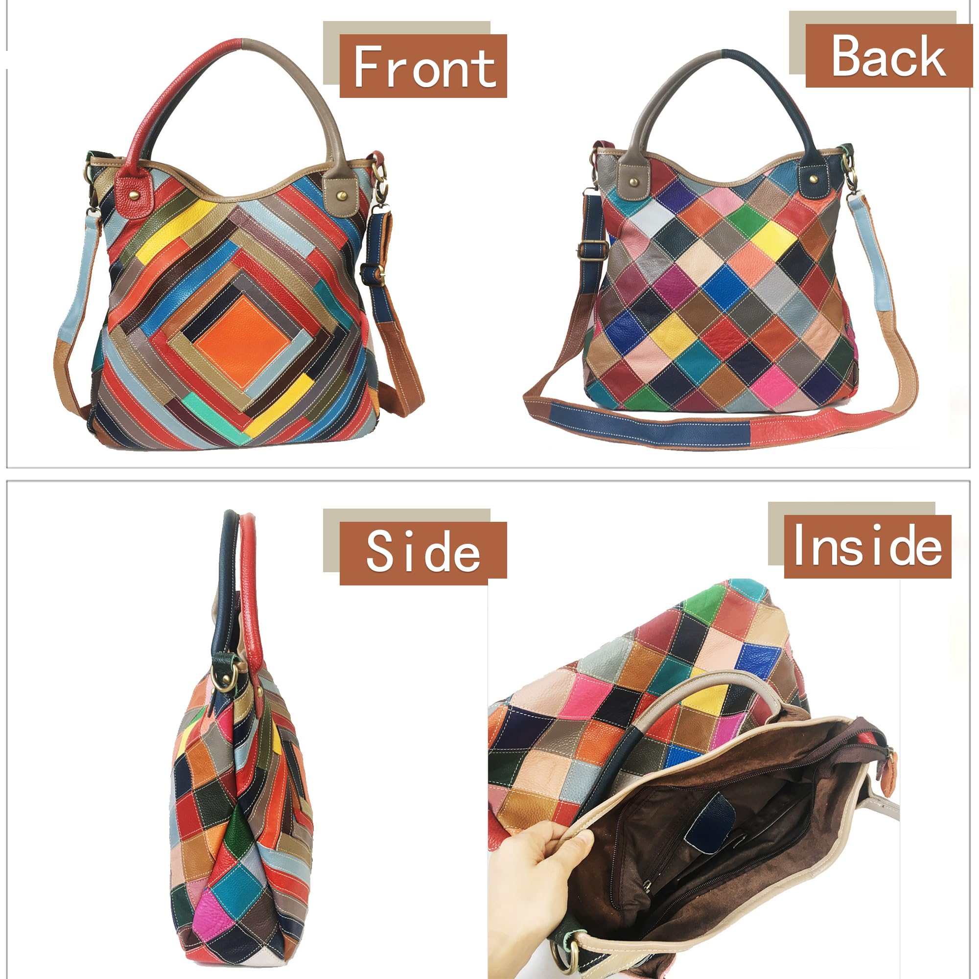 Handmade Cowhide Multi Color Patchwork Bag Crossbody Shoulder Handheld Unique Style
