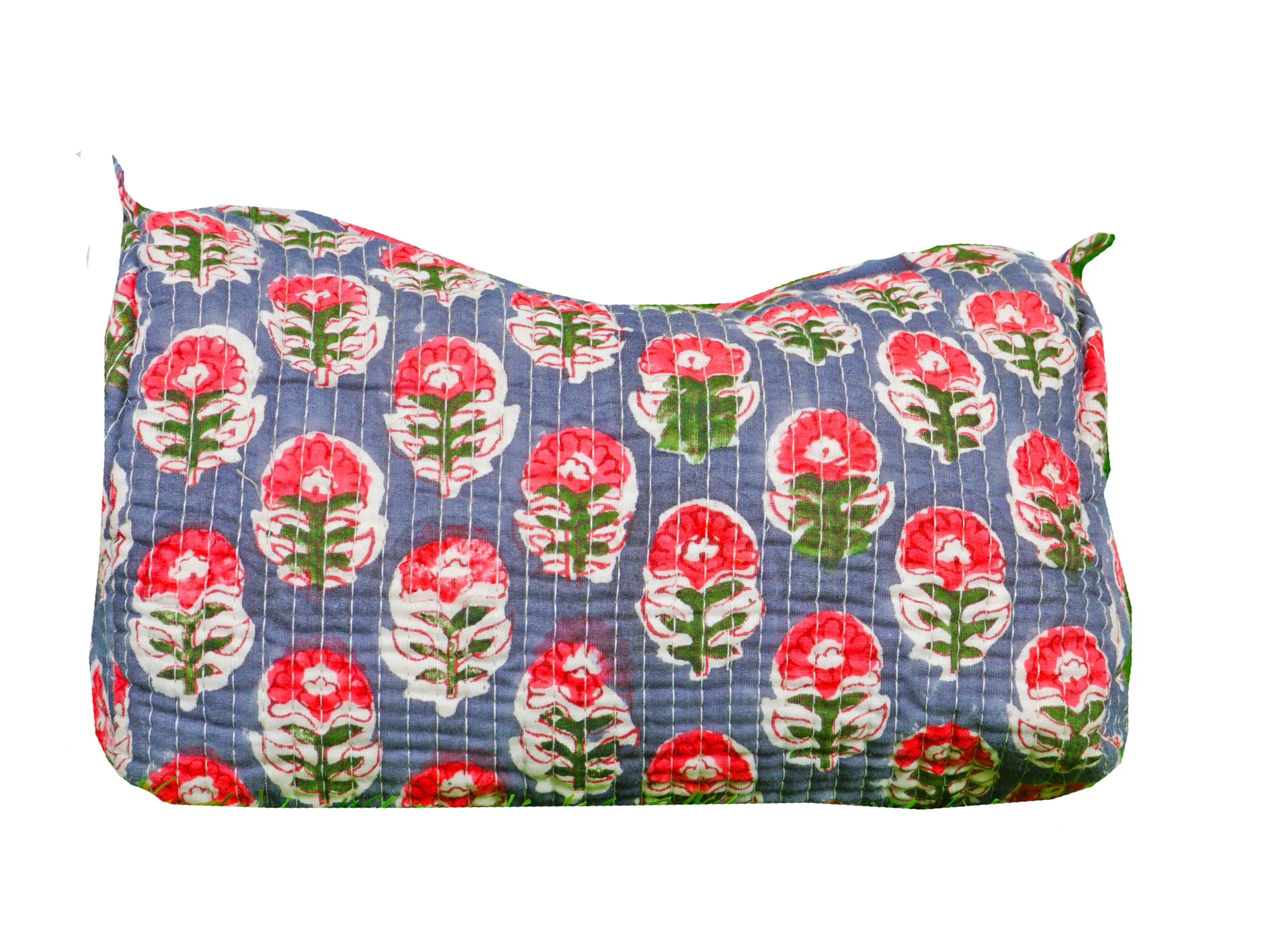Indian Handmade Cotton Quilted Floral Toiletry Cosmetic Makeup Bag Blue A
