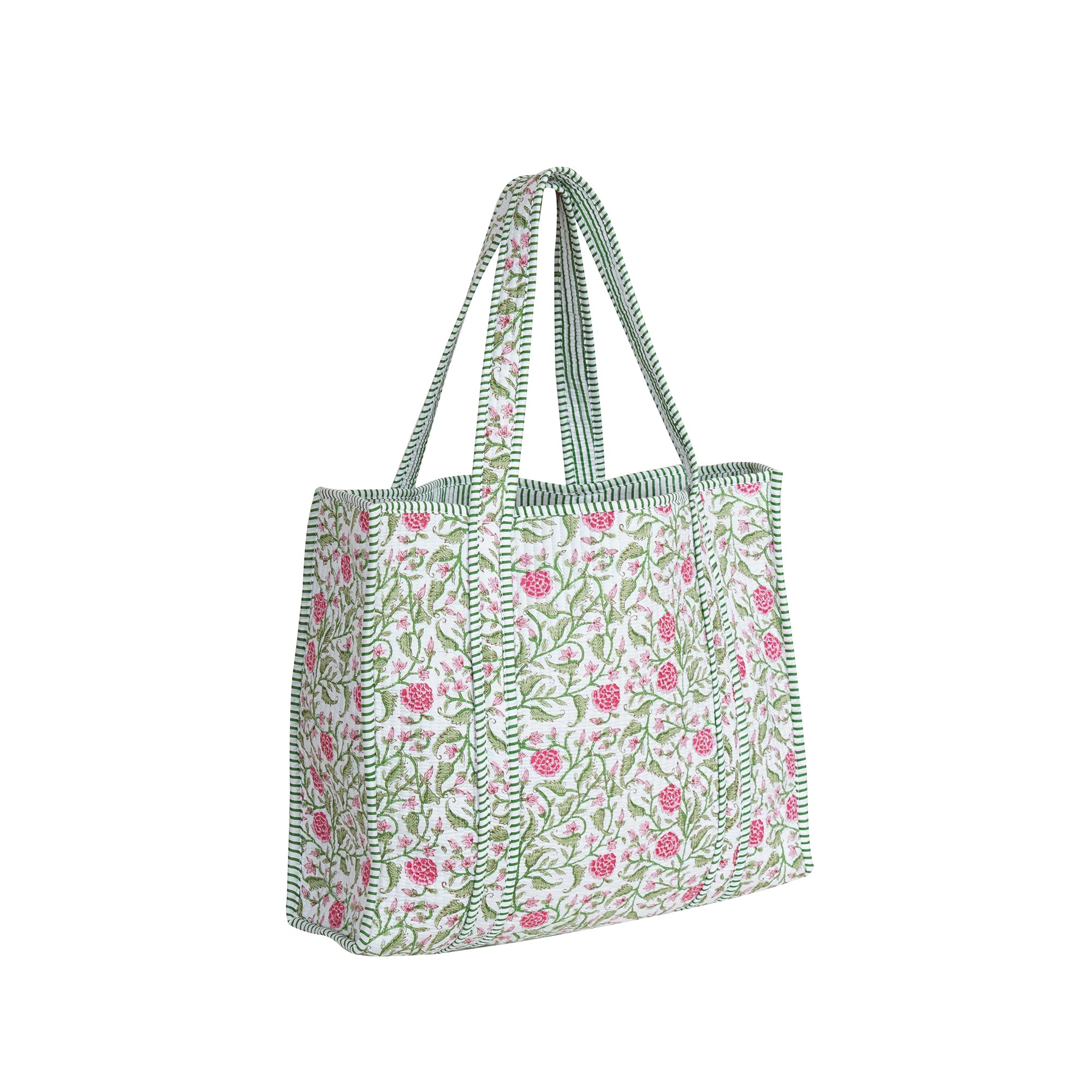 Handmade Cotton Floral Block Print Quilted Tote Shoulder Market Shopping Bag