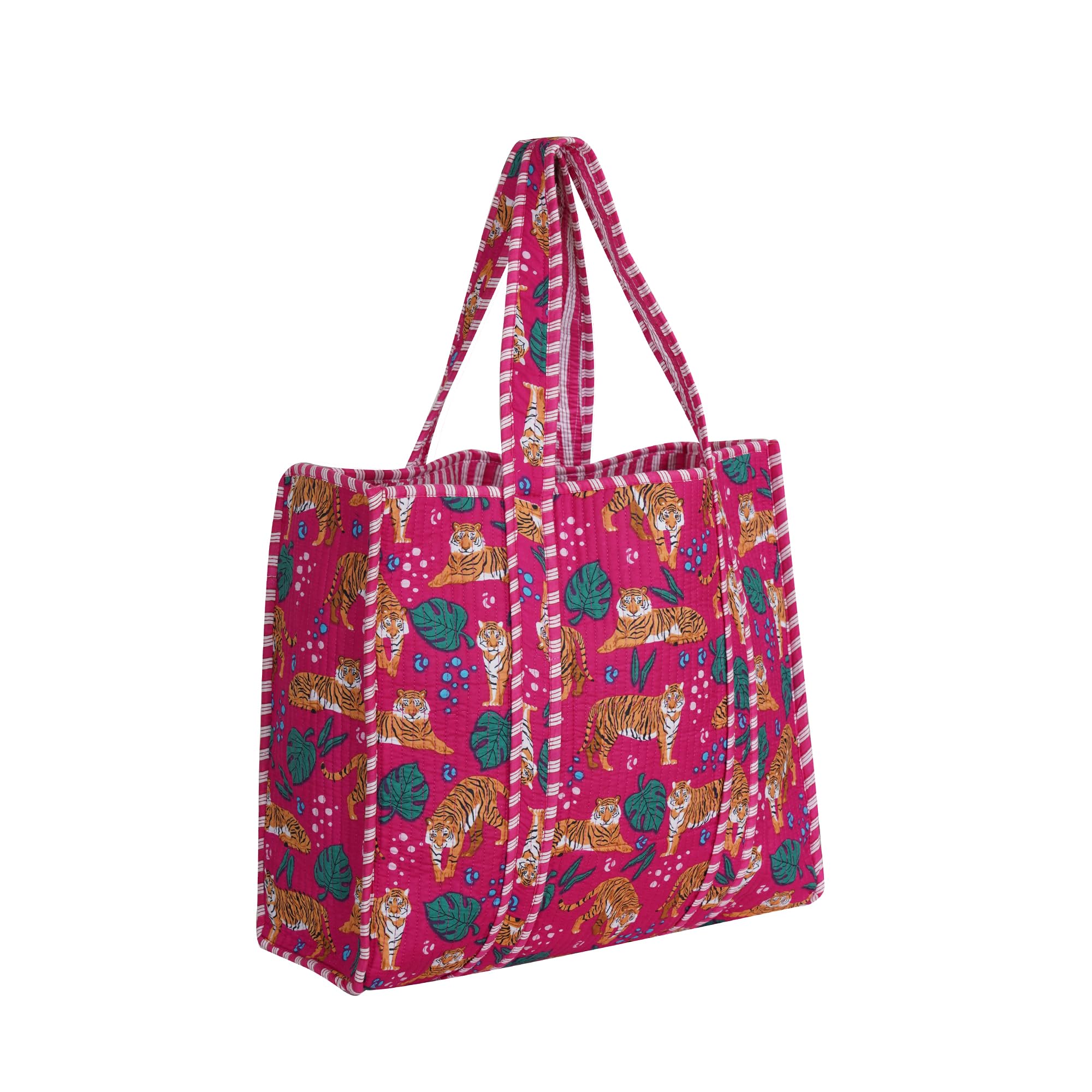Handmade Cotton Floral Block Print Quilted Tote Shoulder Market Shopping Bag
