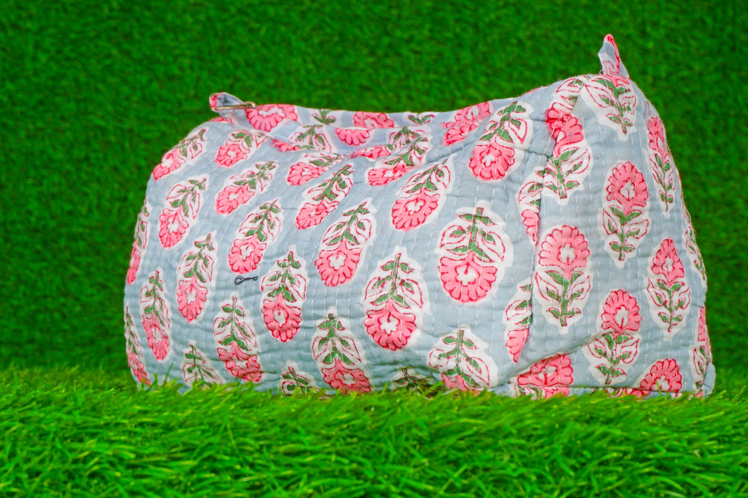 Indian Handmade Cotton Quilted Floral Toiletry Cosmetic Makeup Bag Blue A